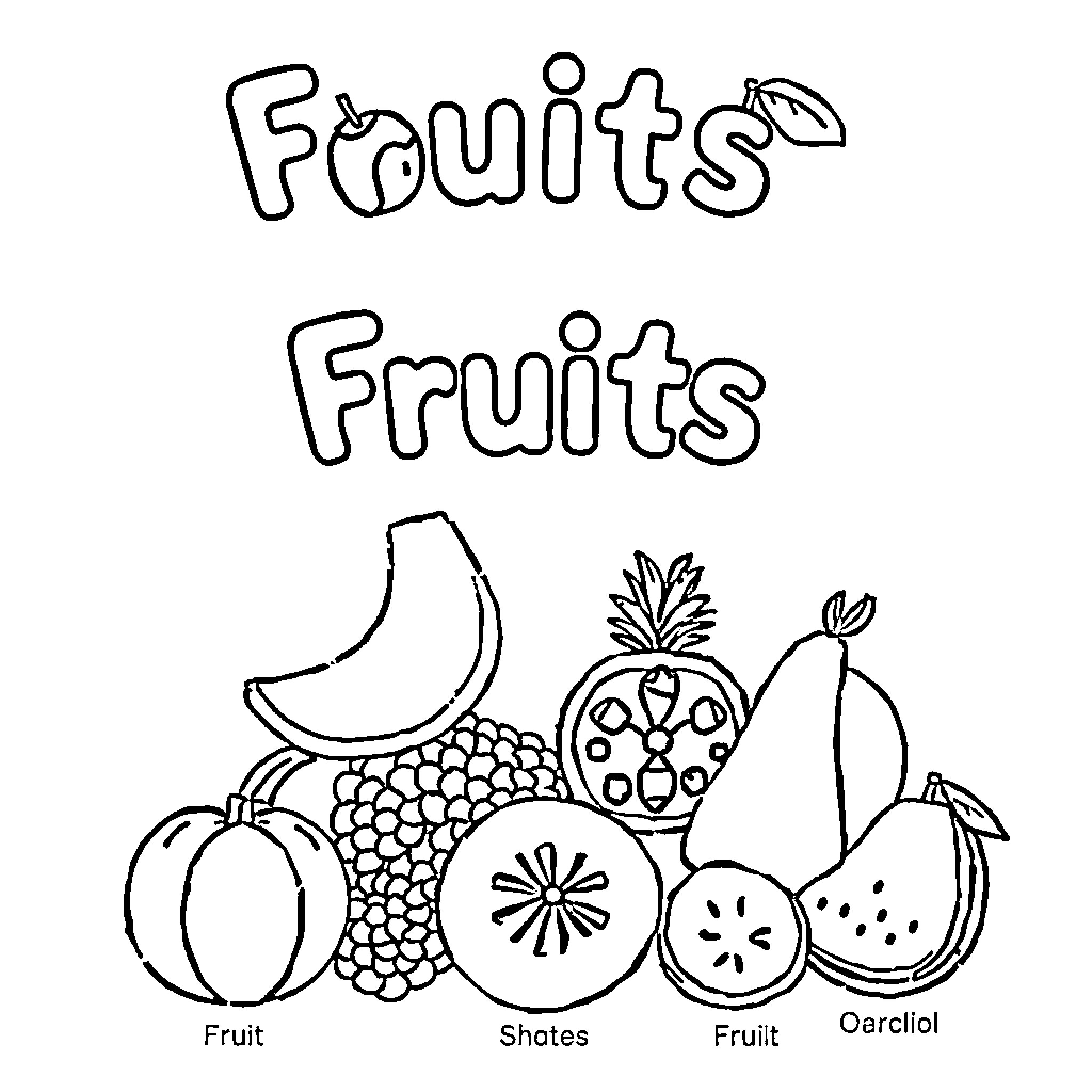 Fruit Assortment with Playful Illustrations Coloring Page (free black-and-white line drawing printable PDF for all, from beginners to advanced learners, including children, teens, adults, and seniors)