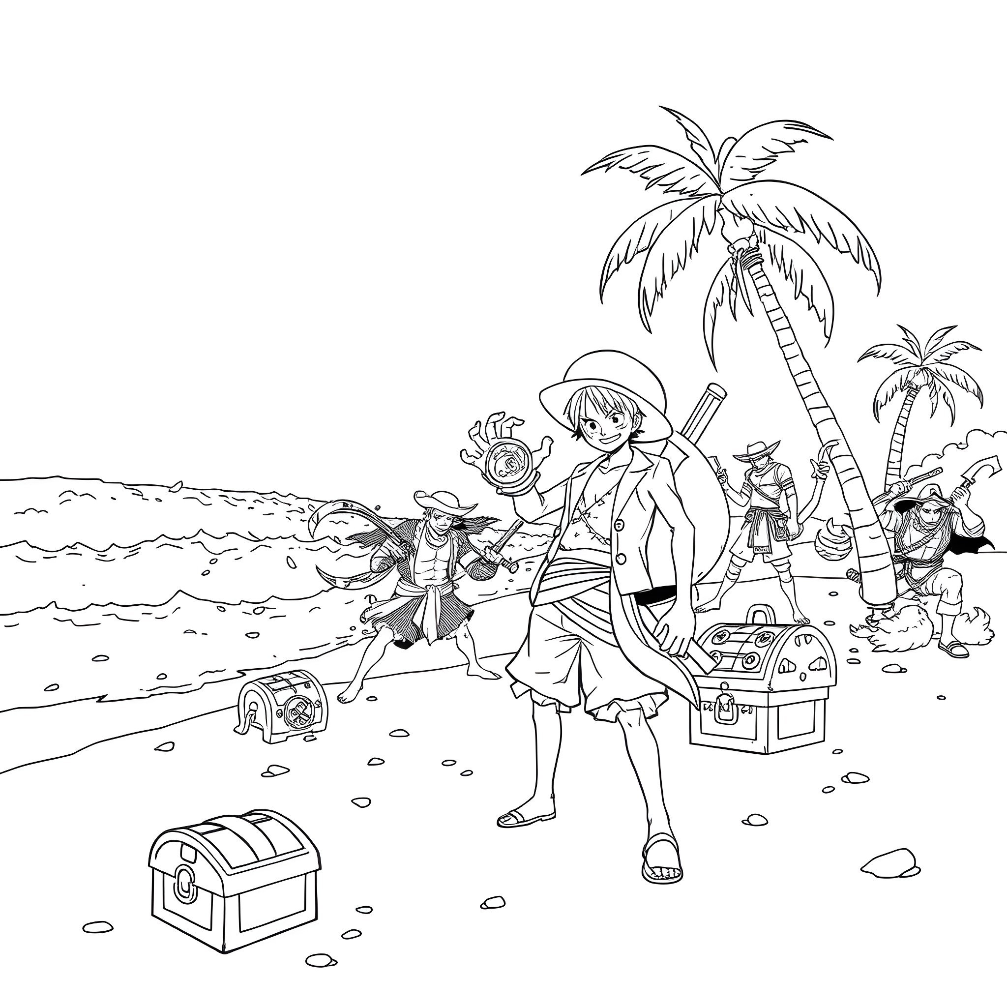 Luffy's Pirate Adventure on the Tropical Island Coloring Page (free black-and-white line drawing printable PDF for all, from beginners to advanced learners, including children, teens, adults, and seniors)