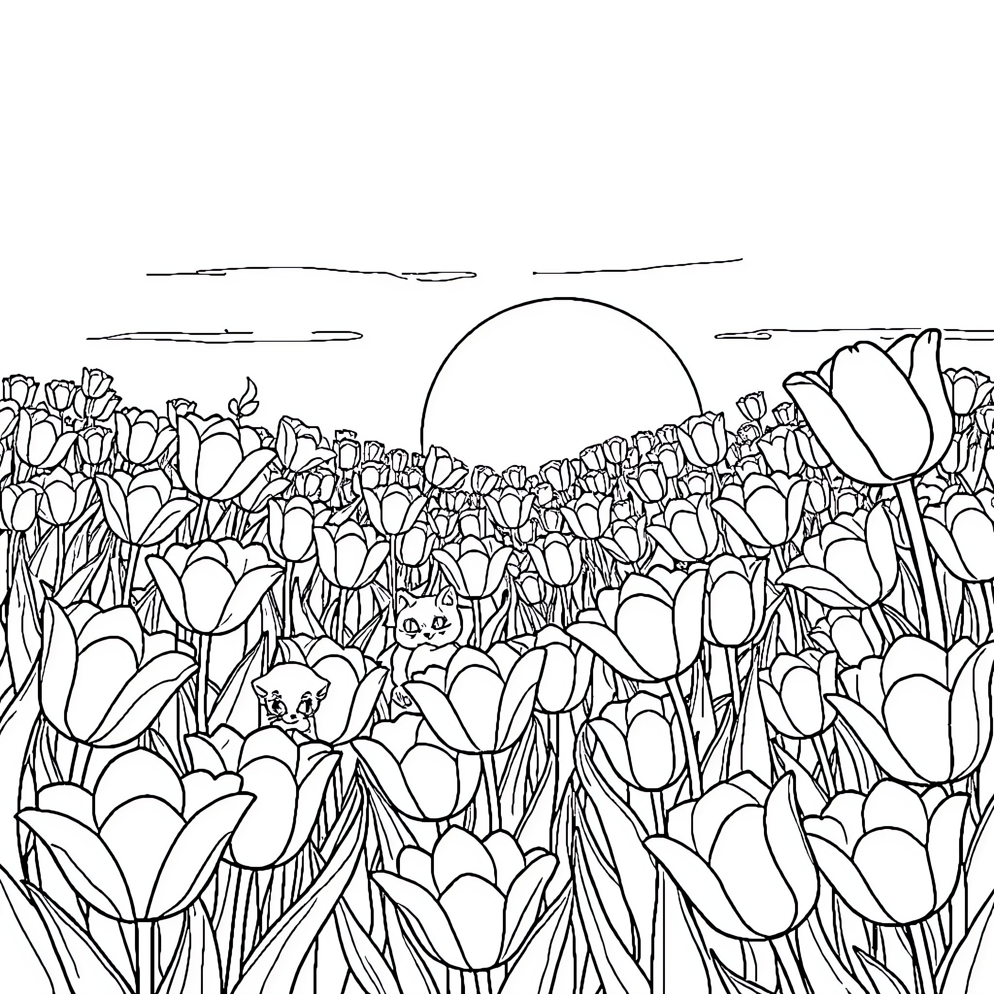 Tulip garden scene with hidden animals Coloring Page (free black-and-white line drawing printable PDF for all, from beginners to advanced learners, including children, teens, adults, and seniors)