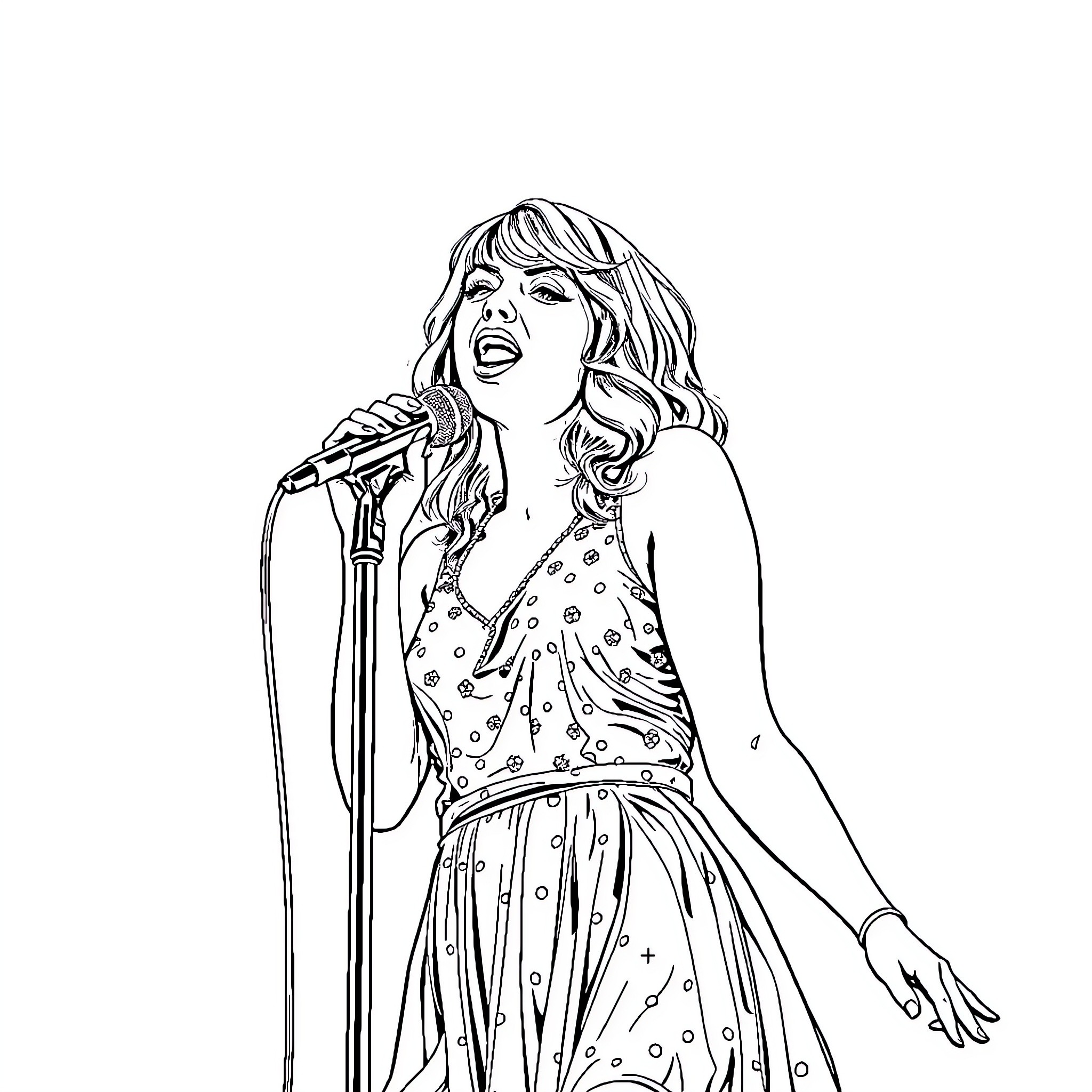 Taylor Swift singing passionately on stage Coloring Page (free black-and-white line drawing printable PDF for all, from beginners to advanced learners, including children, teens, adults, and seniors)