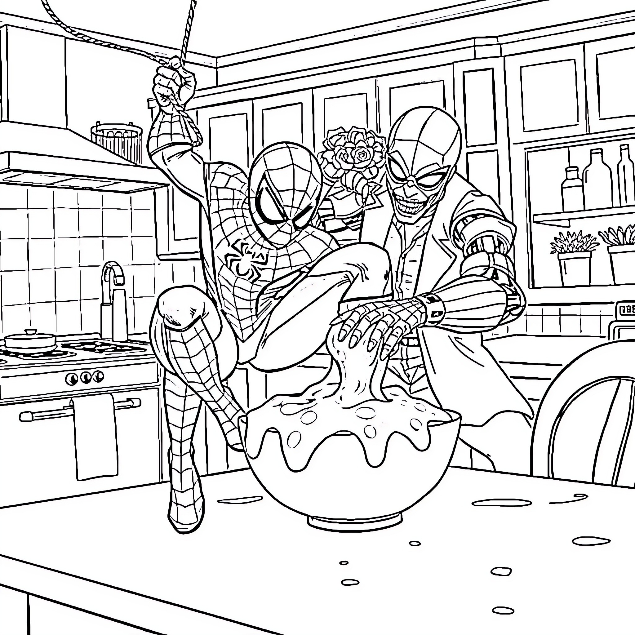 Spiderman and Villain Battling in a Kitchen Scene Coloring Page (free black-and-white line drawing printable PDF for all, from beginners to advanced learners, including children, teens, adults, and seniors)