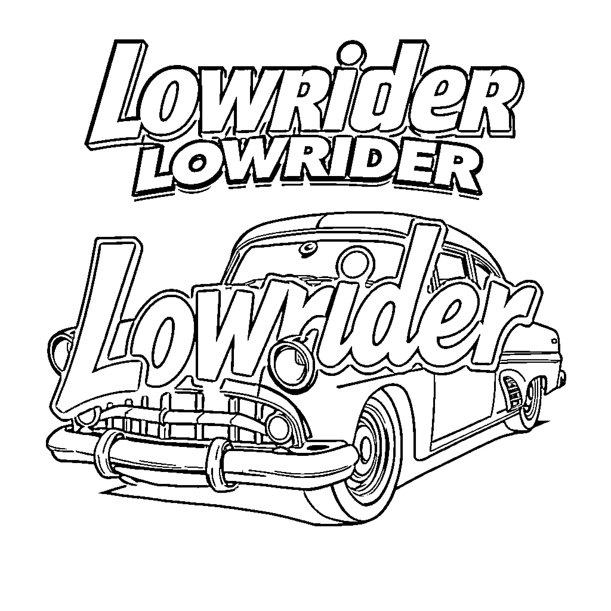 Lowrider car with text and graphics Coloring Page (free black-and-white line drawing printable PDF for all, from beginners to advanced learners, including children, teens, adults, and seniors)