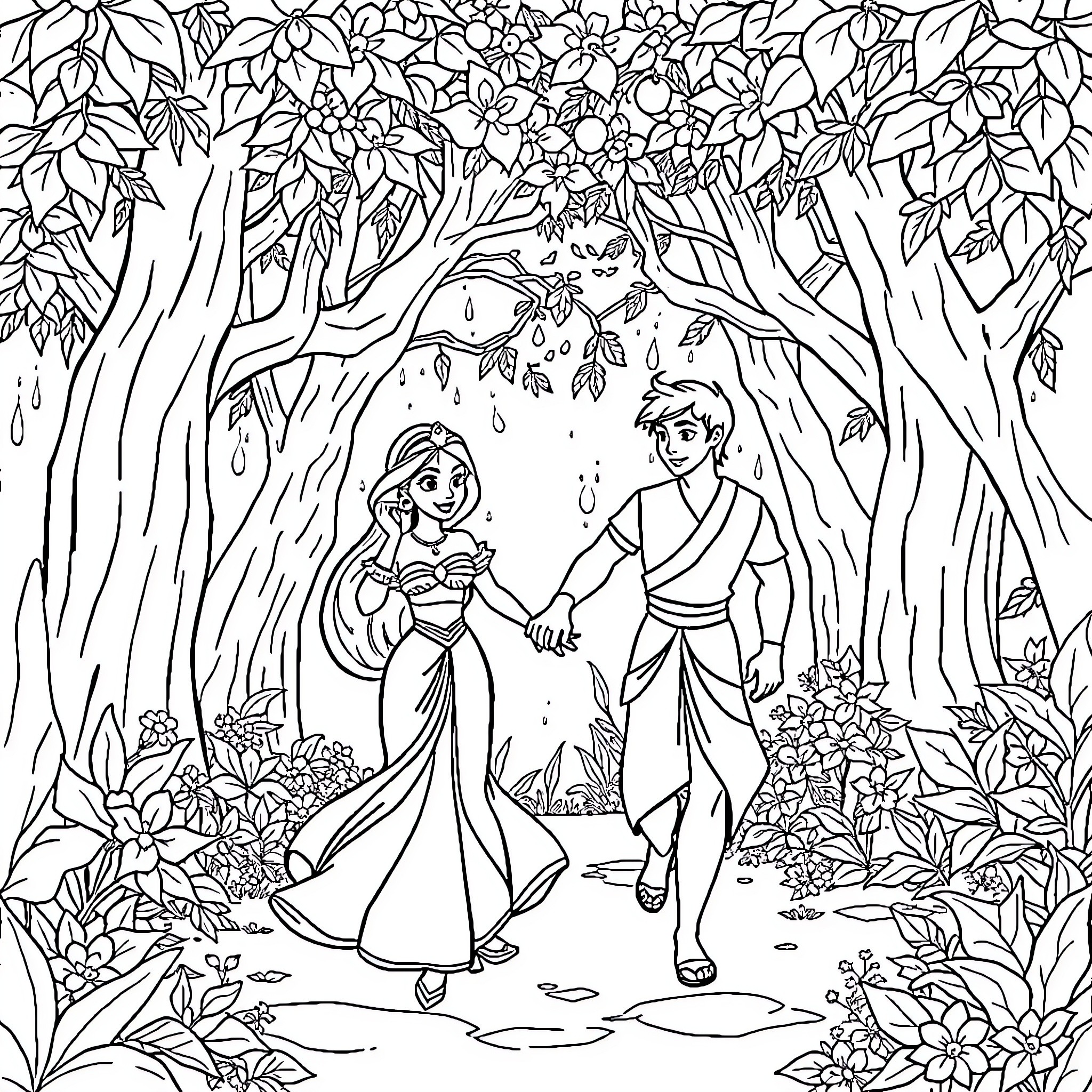 Jasmine and Aladdin enjoying a stroll through the enchanted forest Coloring Page (free black-and-white line drawing printable PDF for all, from beginners to advanced learners, including children, teens, adults, and seniors)