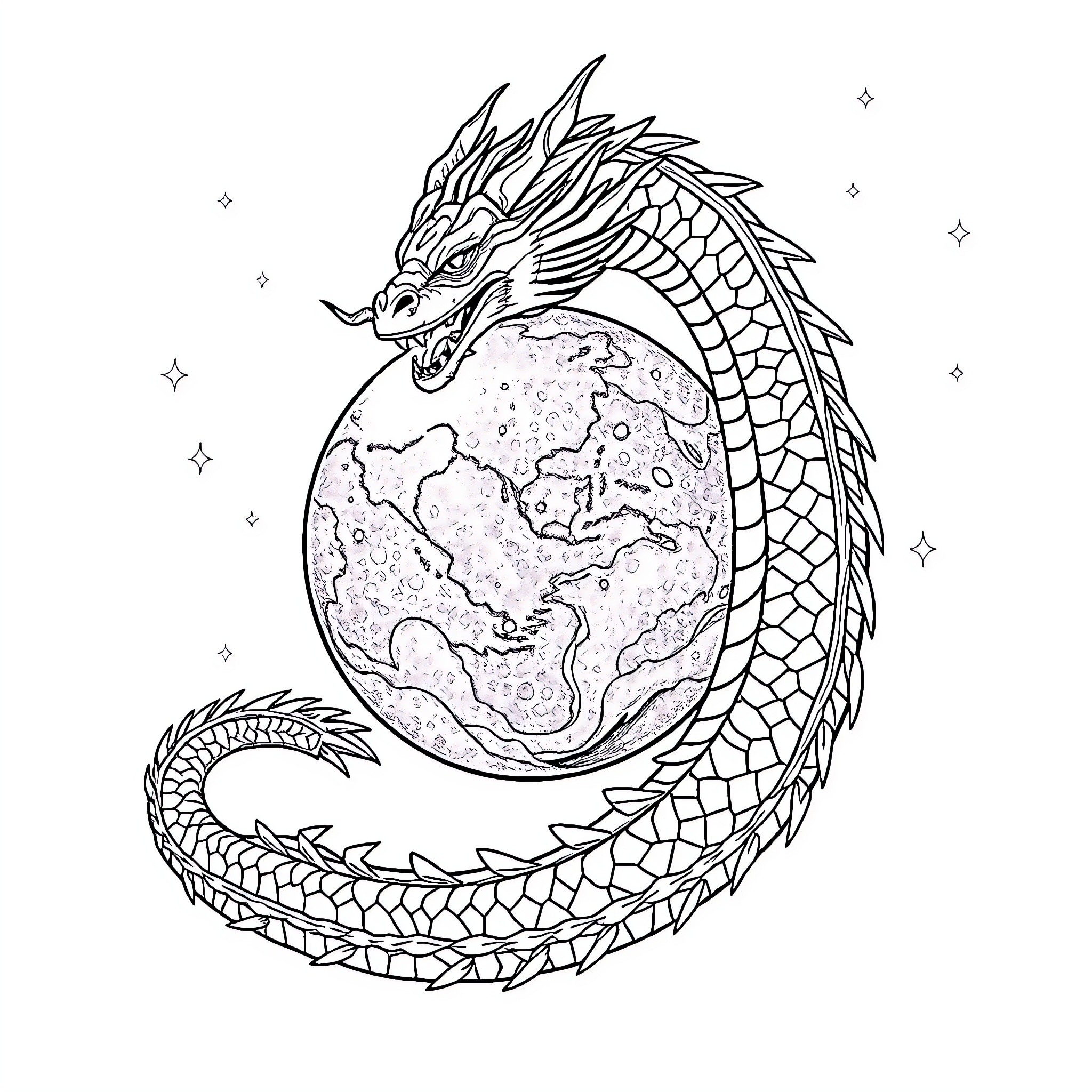 Dragon Guardian of the World Coloring Page (free black-and-white line drawing printable PDF for all, from beginners to advanced learners, including children, teens, adults, and seniors)