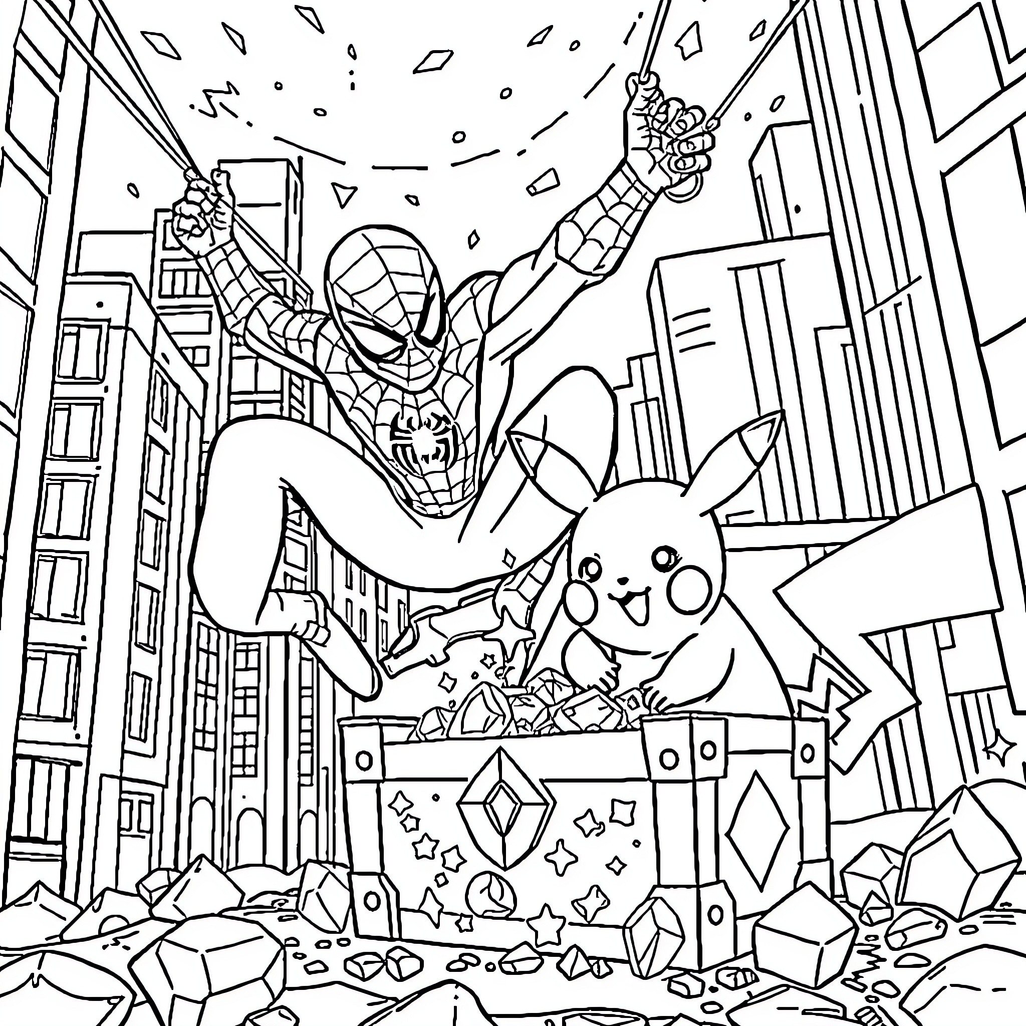 Spiderman battles through cityscape with Pikachu Coloring Page (free black-and-white line drawing printable PDF for all, from beginners to advanced learners, including children, teens, adults, and seniors)