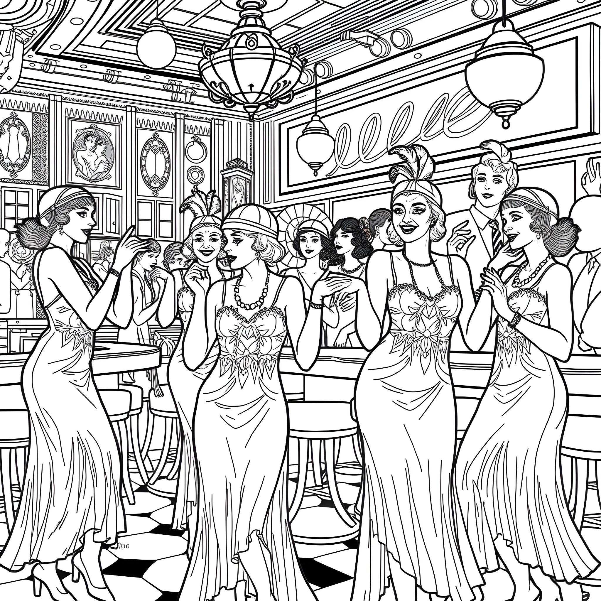 Women dressed elegantly in a lavish party setting Coloring Page (free black-and-white line drawing printable PDF for all, from beginners to advanced learners, including children, teens, adults, and seniors)