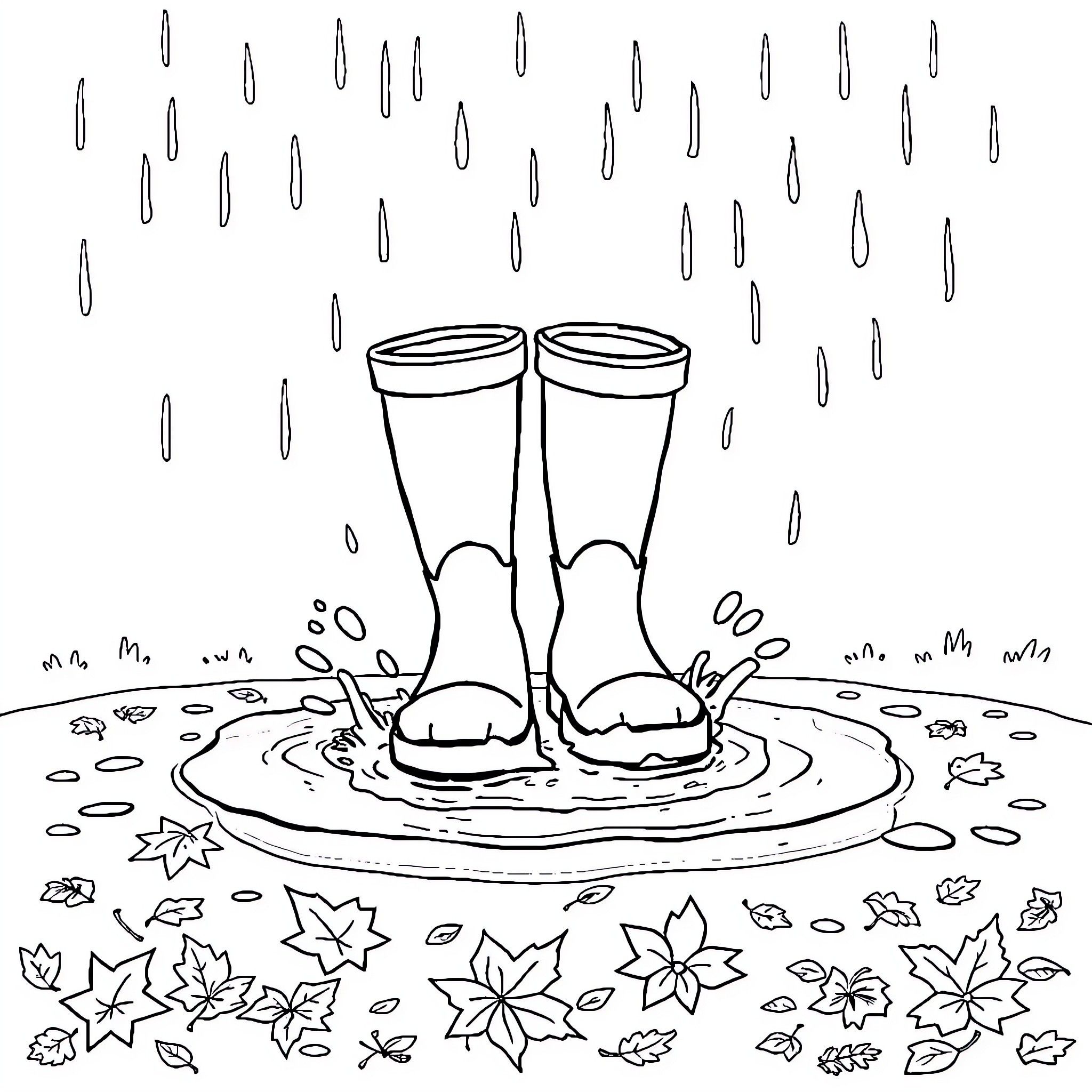 Rain Boots Standing in Puddle Amid Falling Raindrops Coloring Page (free black-and-white line drawing printable PDF for all, from beginners to advanced learners, including children, teens, adults, and seniors)
