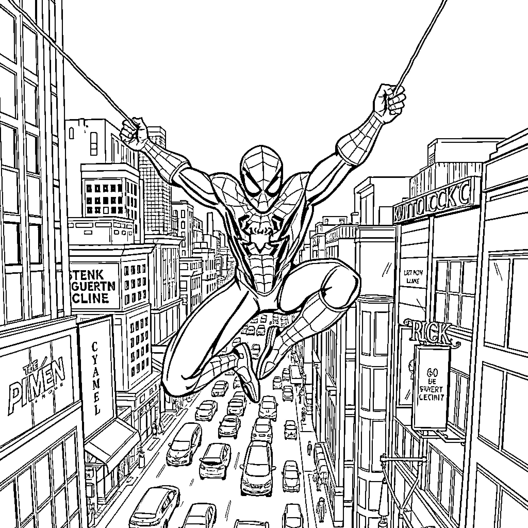 Spiderman swinging through a busy city skyline Coloring Page (free black-and-white line drawing printable PDF for all, from beginners to advanced learners, including children, teens, adults, and seniors)