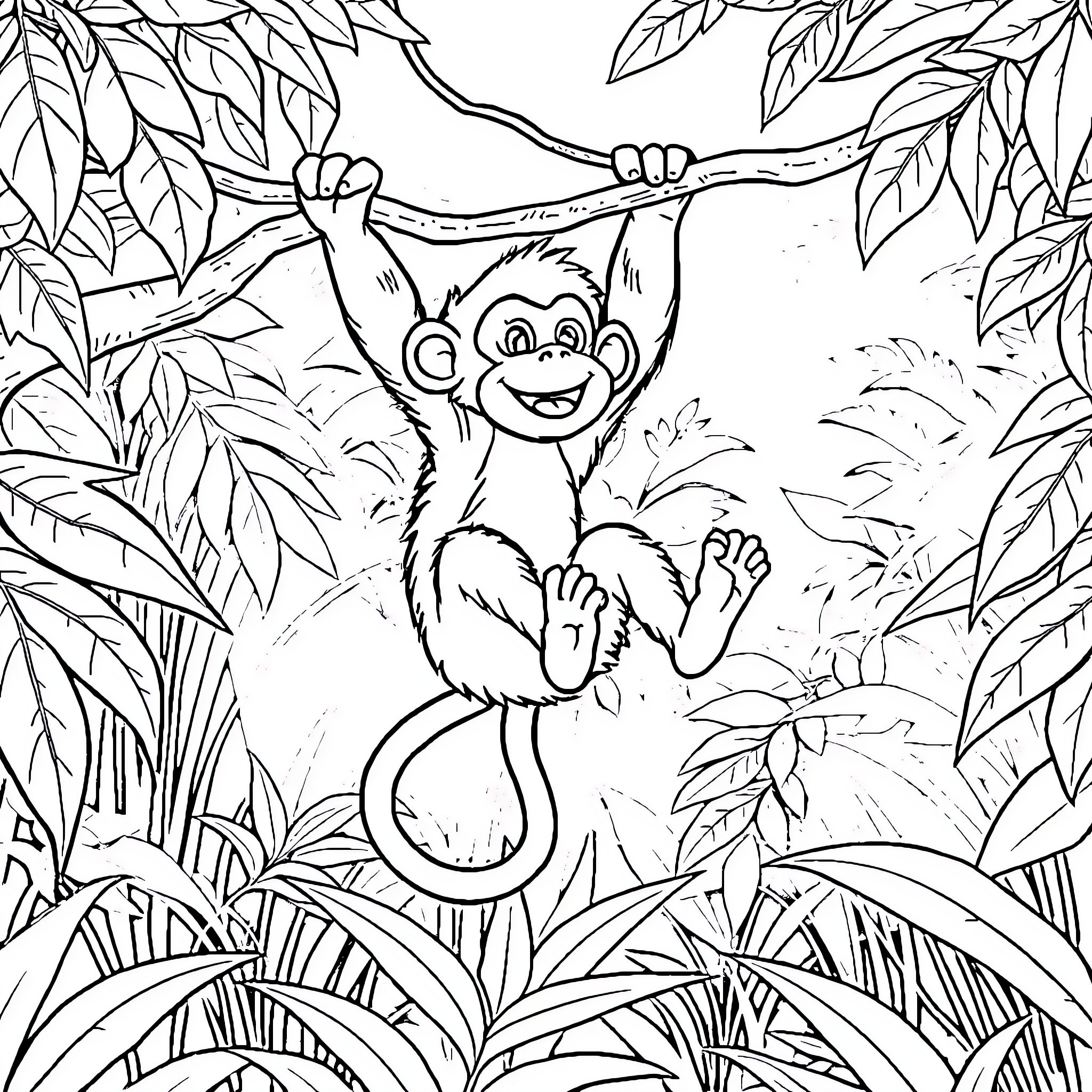 Monkey hanging playfully in lush jungle Coloring Page (free black-and-white line drawing printable PDF for all, from beginners to advanced learners, including children, teens, adults, and seniors)