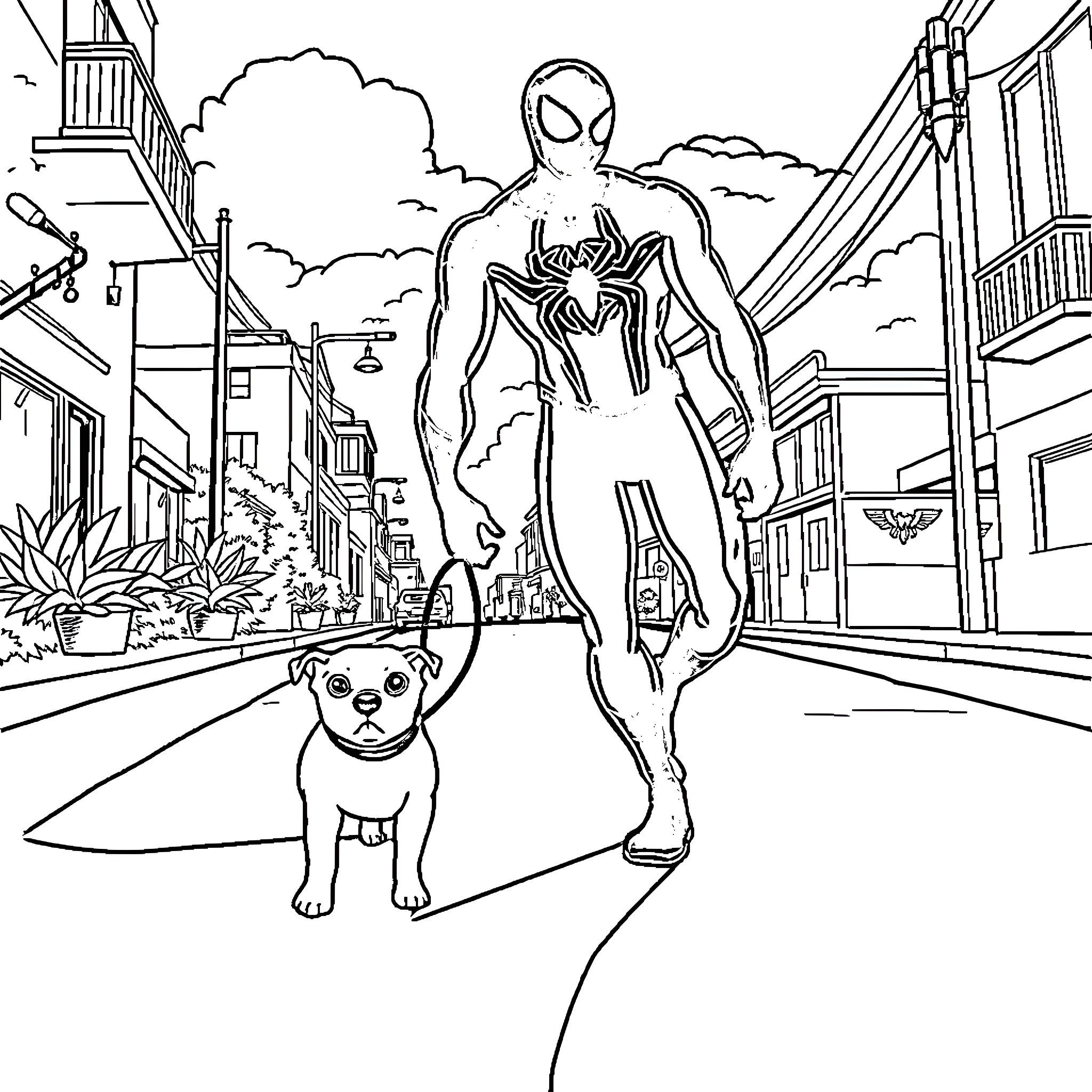 Spider-Man walking his dog through the city Coloring Page (free black-and-white line drawing printable PDF for all, from beginners to advanced learners, including children, teens, adults, and seniors)