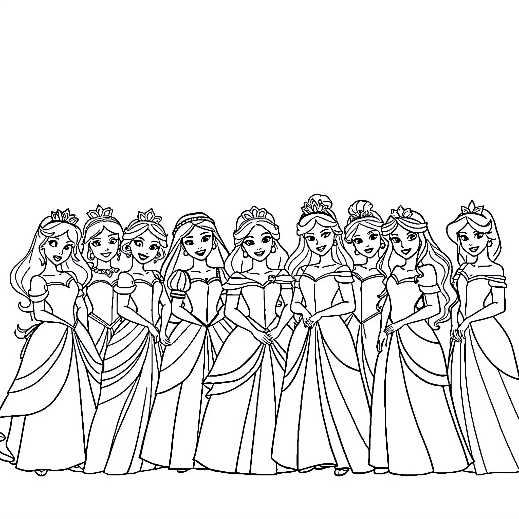 Disney Princesses in Elegant Gowns Coloring Page (free black-and-white line drawing printable PDF for all, from beginners to advanced learners, including children, teens, adults, and seniors)