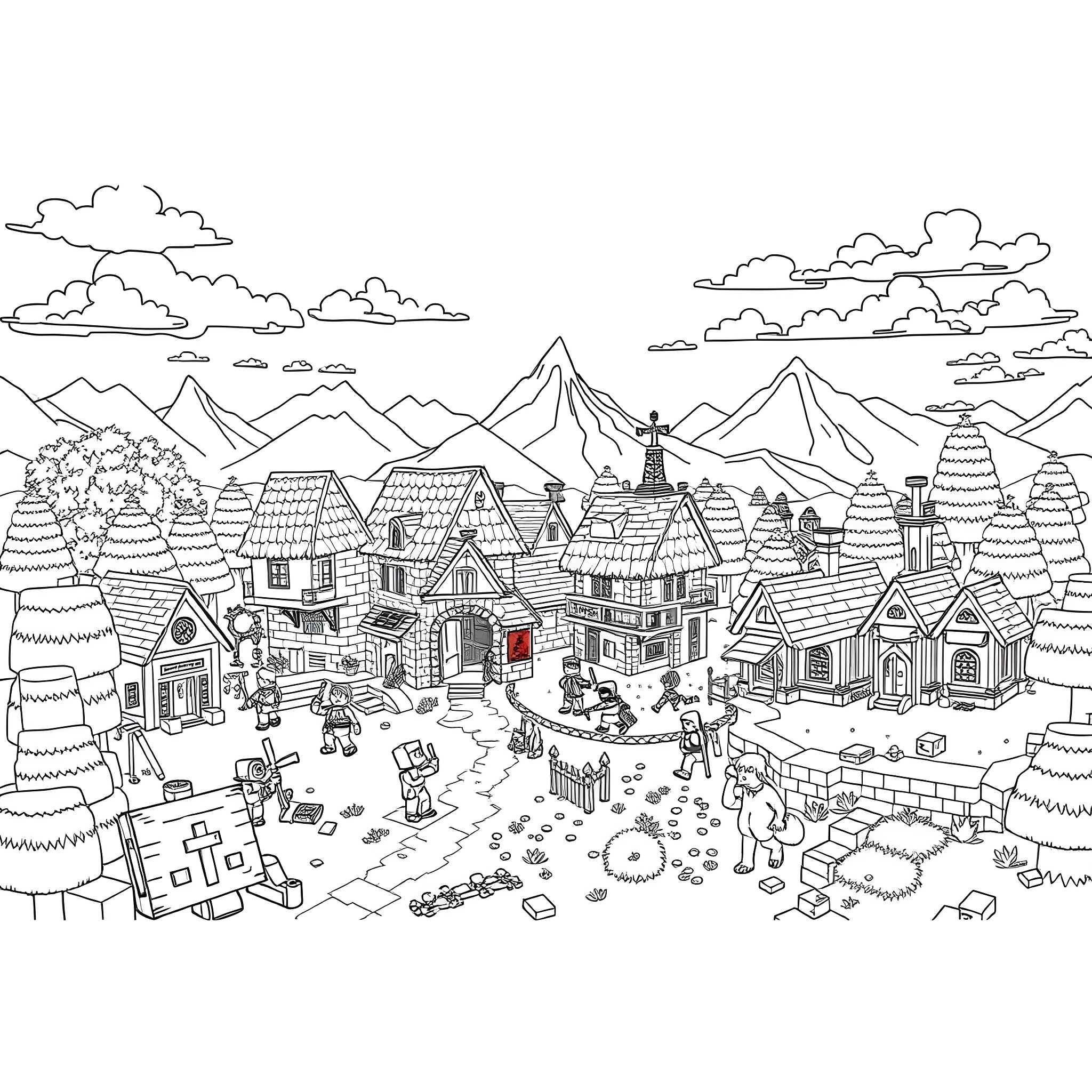 Steve's Adventure in the Whimsical Mountain Village Coloring Page (free black-and-white line drawing printable PDF for all, from beginners to advanced learners, including children, teens, adults, and seniors)