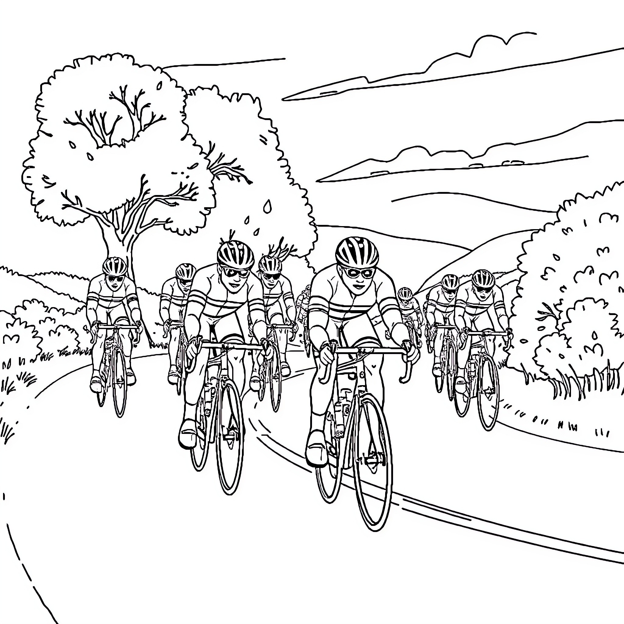 Tea Time Cycling in the Countryside Coloring Page (free black-and-white line drawing printable PDF for all, from beginners to advanced learners, including children, teens, adults, and seniors)