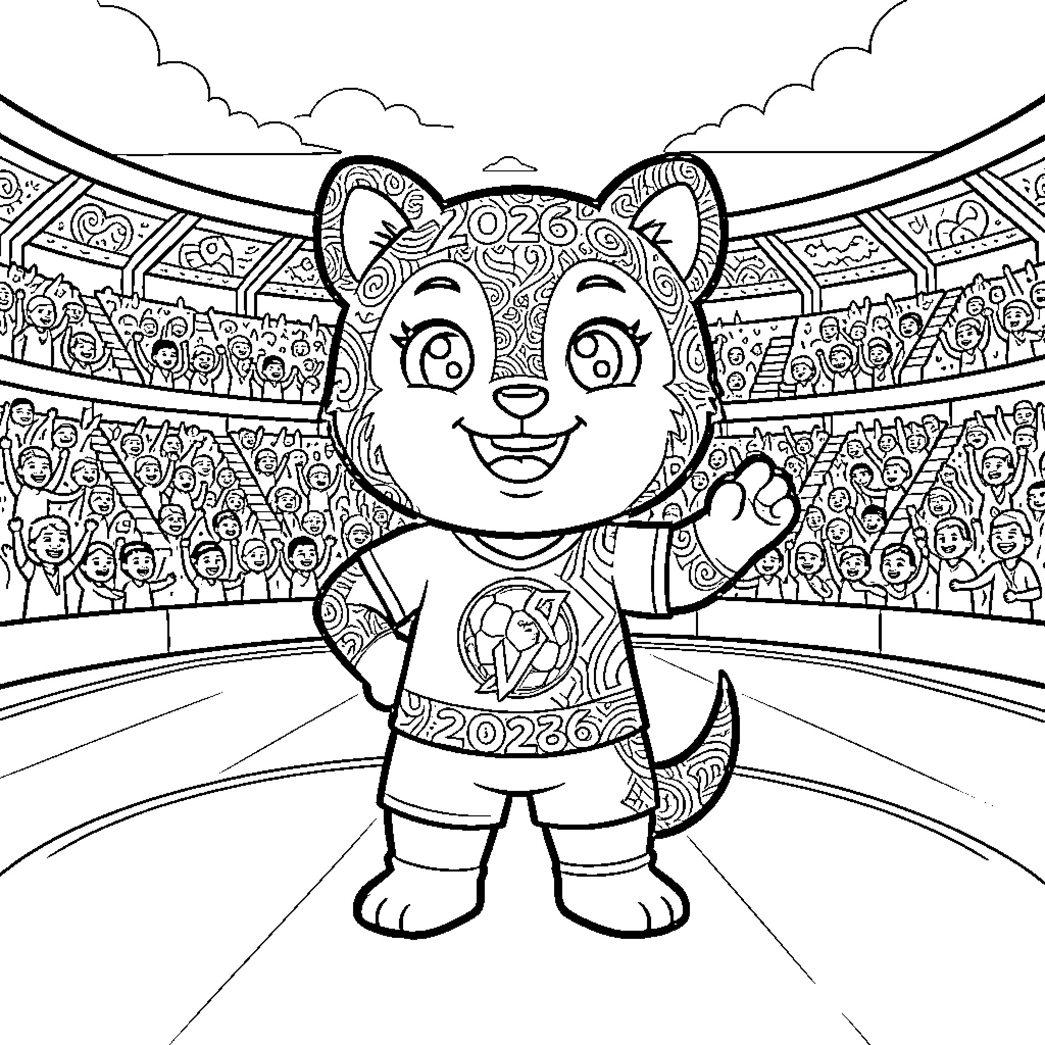 Mascot waving happily in a crowded sports stadium Coloring Page (free black-and-white line drawing printable PDF for all, from beginners to advanced learners, including children, teens, adults, and seniors)