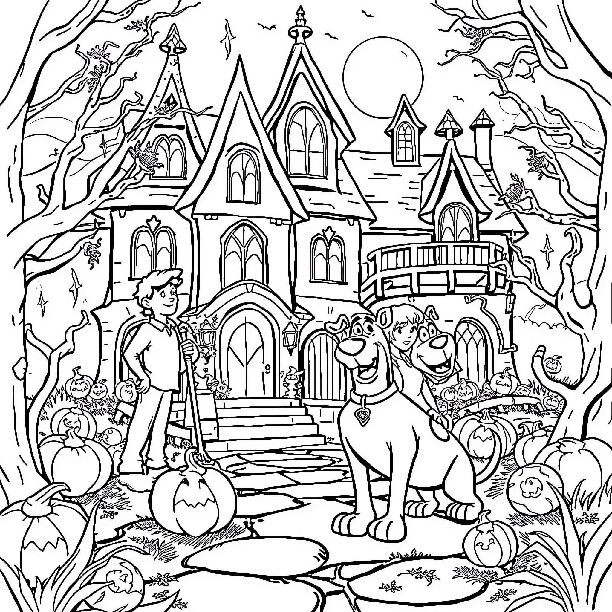 Scooby Doo and friends explore a haunted house Coloring Page (free black-and-white line drawing printable PDF for all, from beginners to advanced learners, including children, teens, adults, and seniors)