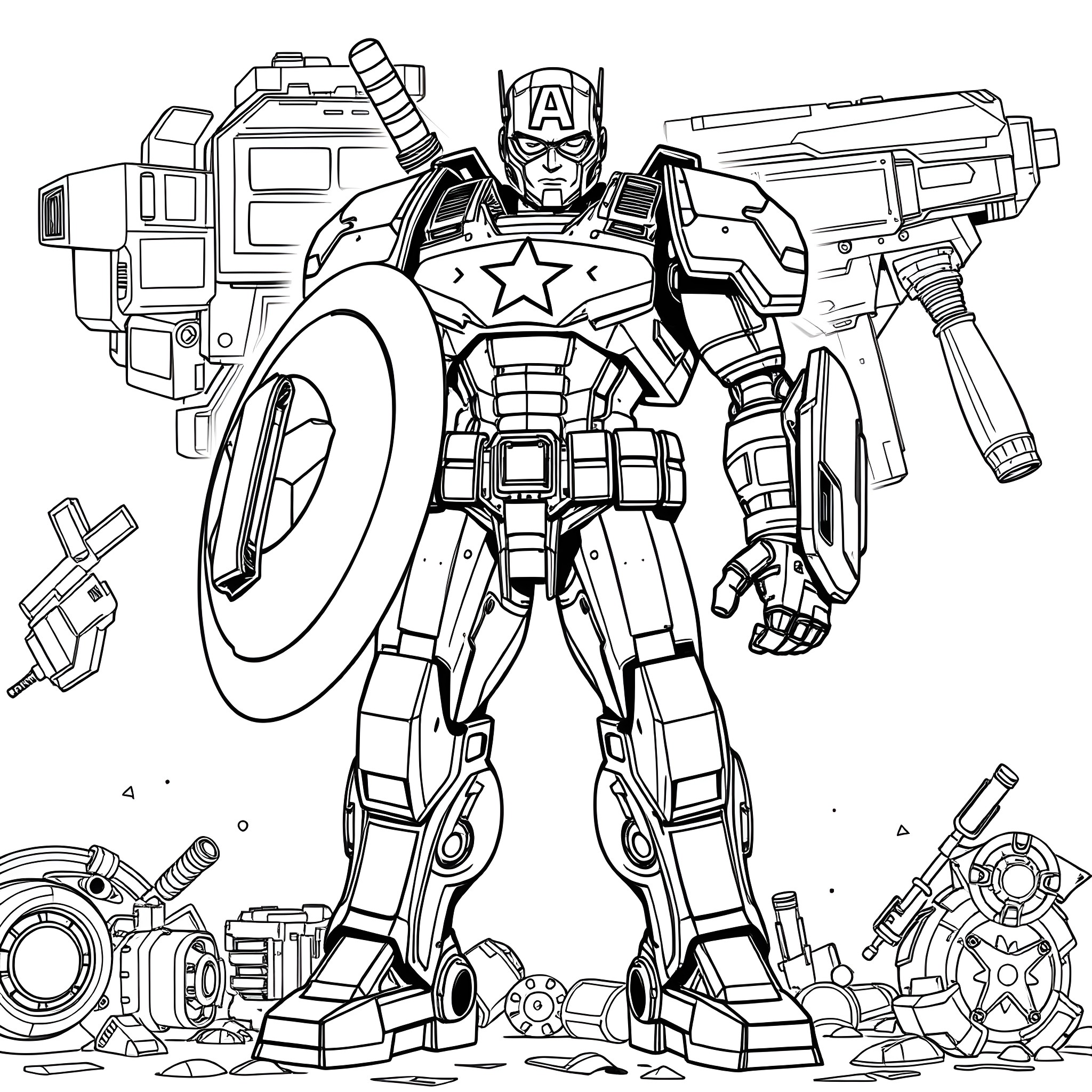 Mecha Captain America in Heroic Battle Stance Coloring Page (free black-and-white line drawing printable PDF for all, from beginners to advanced learners, including children, teens, adults, and seniors)