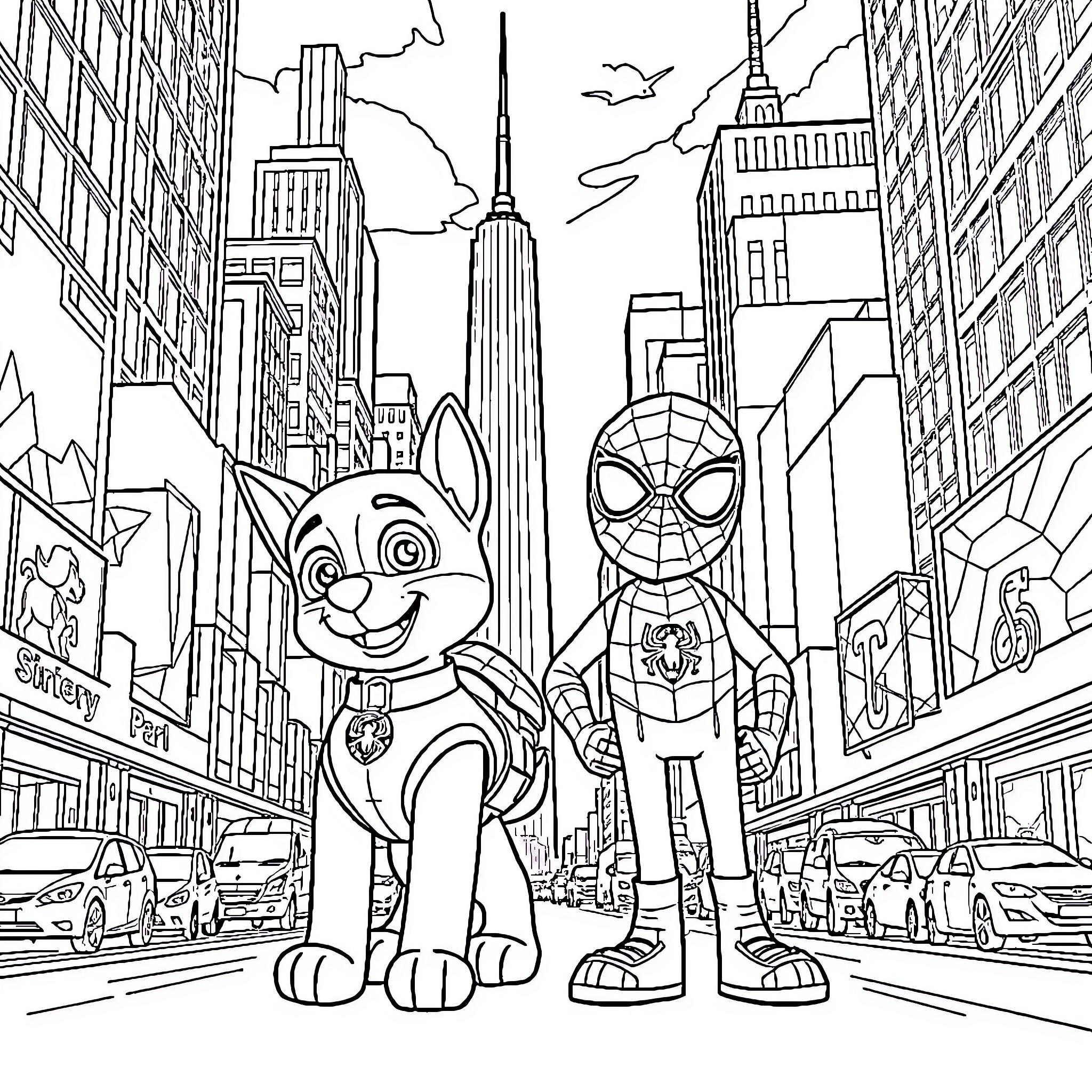 Paw Patrol Superheroes in the City Coloring Page (free black-and-white line drawing printable PDF for all, from beginners to advanced learners, including children, teens, adults, and seniors)