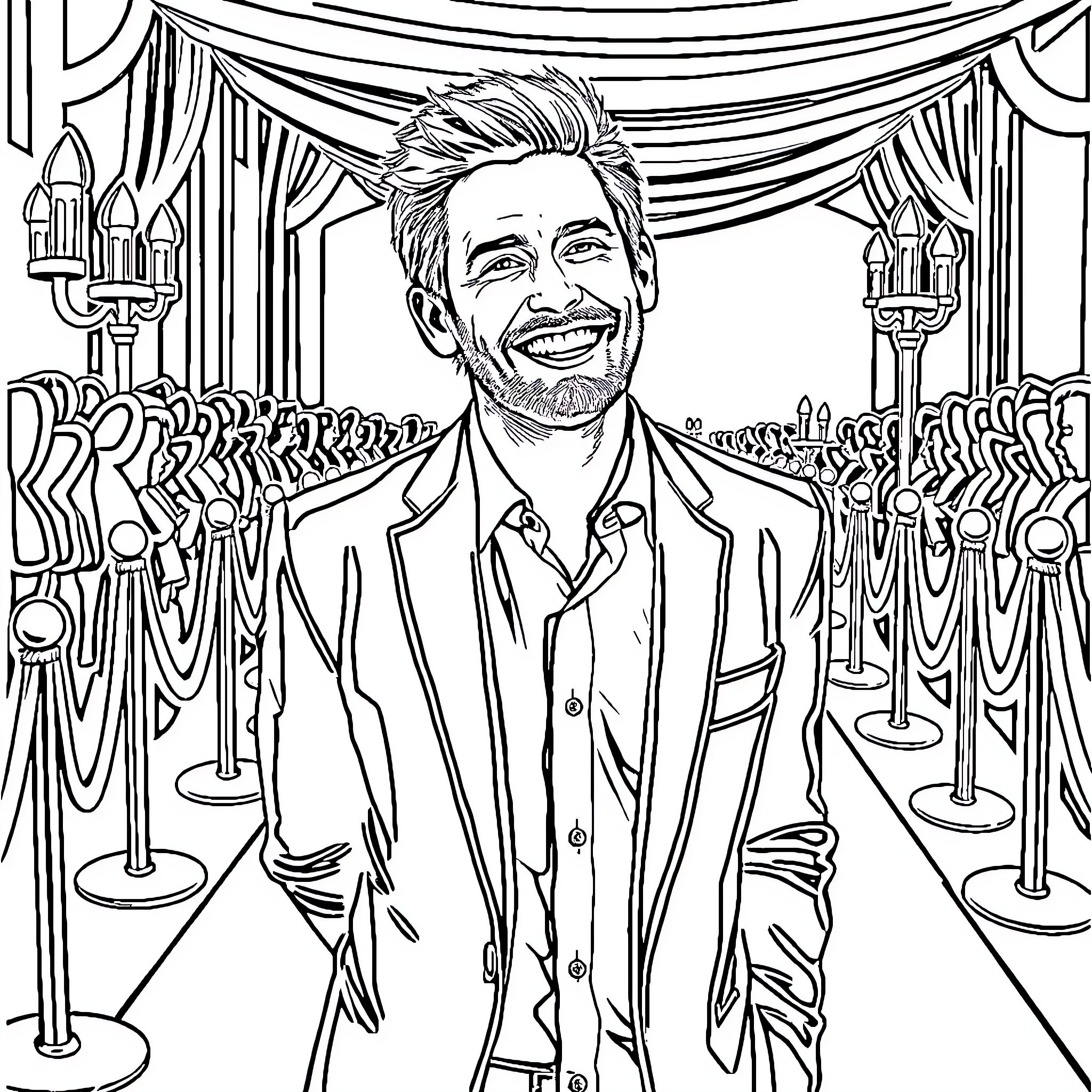 Jensen Ackles on the red carpet Coloring Page (free black-and-white line drawing printable PDF for all, from beginners to advanced learners, including children, teens, adults, and seniors)
