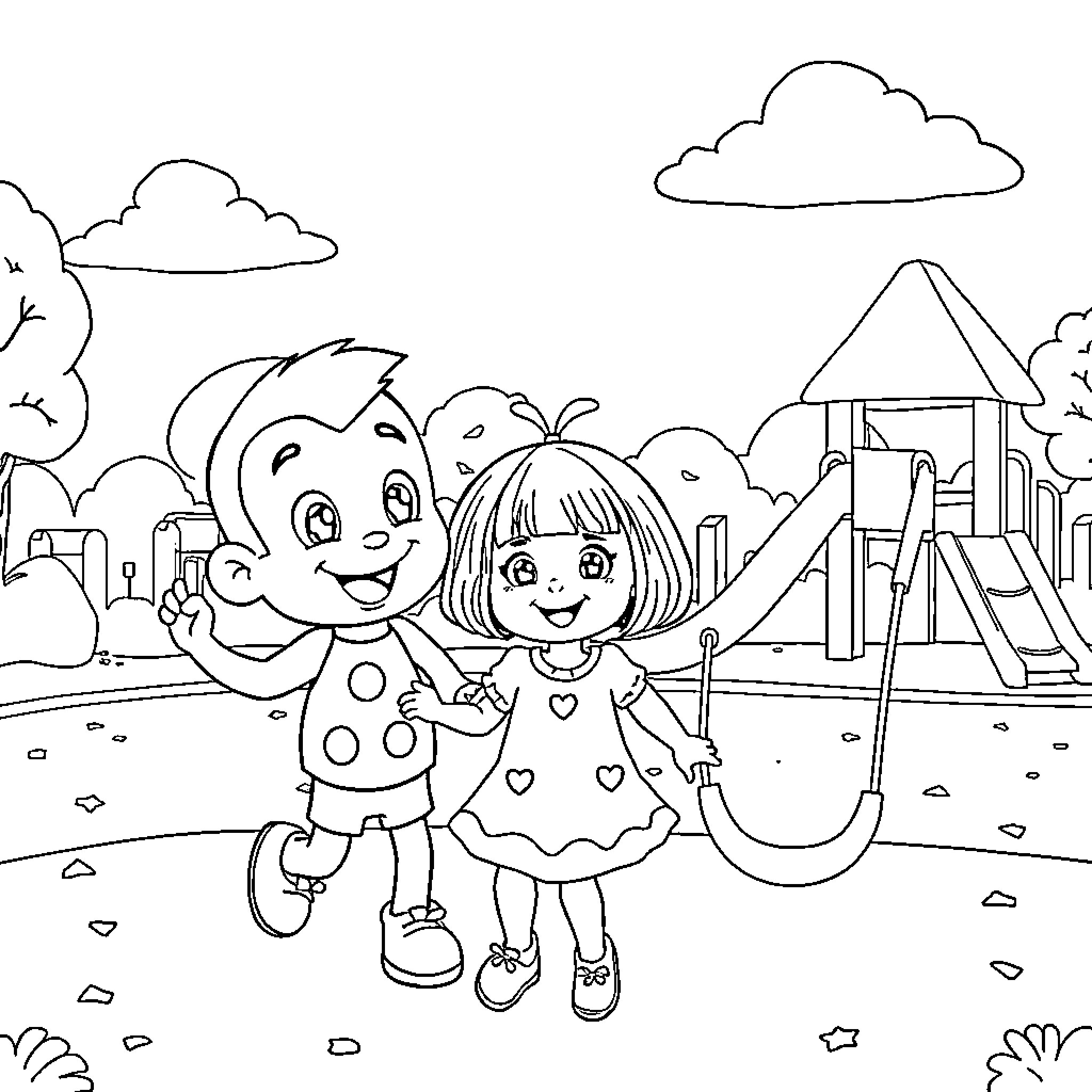 Bingo Children Enjoying Playtime at the Park Coloring Page (free black-and-white line drawing printable PDF for all, from beginners to advanced learners, including children, teens, adults, and seniors)
