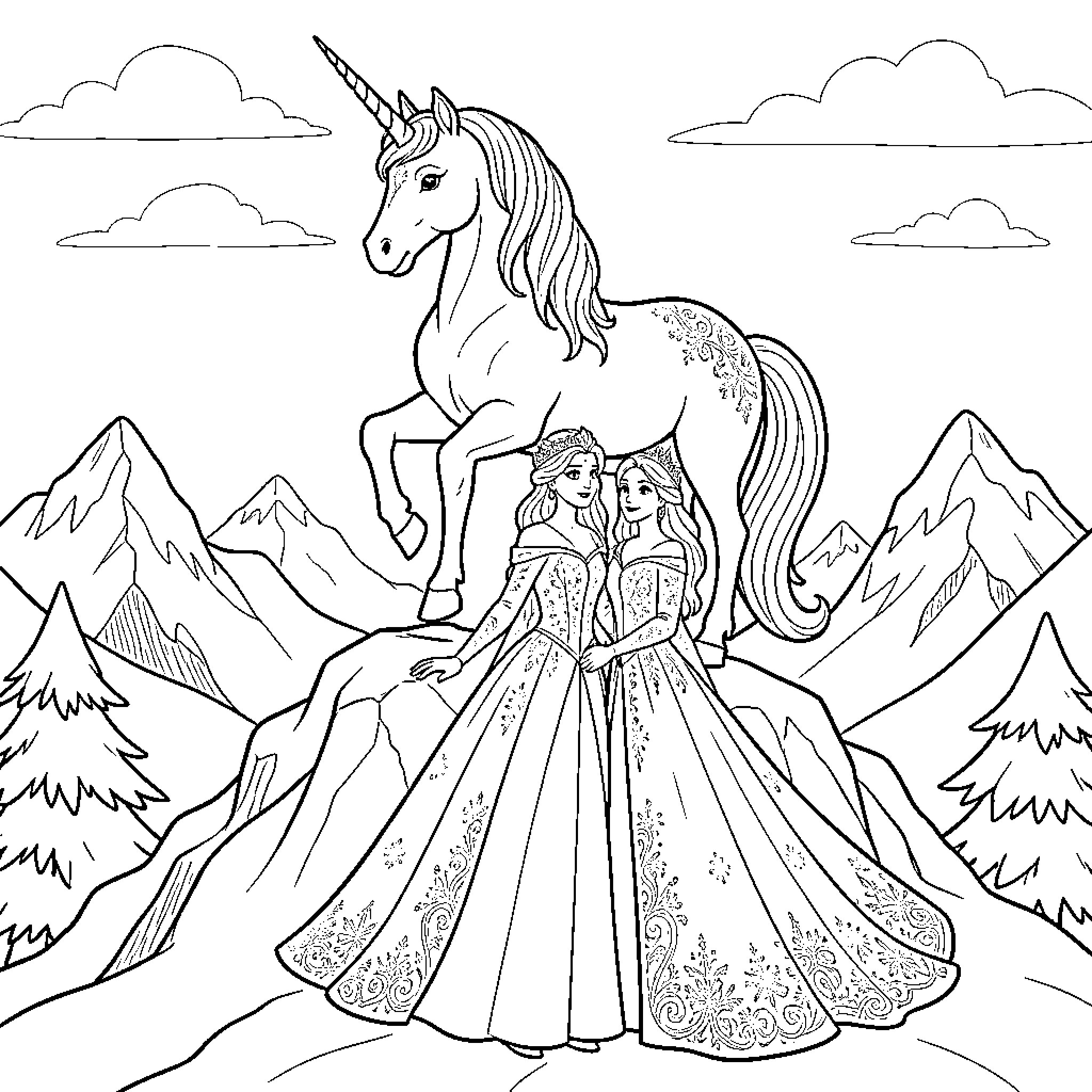 Snow Queen standing with a majestic unicorn among mountains Coloring Page (free black-and-white line drawing printable PDF for all, from beginners to advanced learners, including children, teens, adults, and seniors)