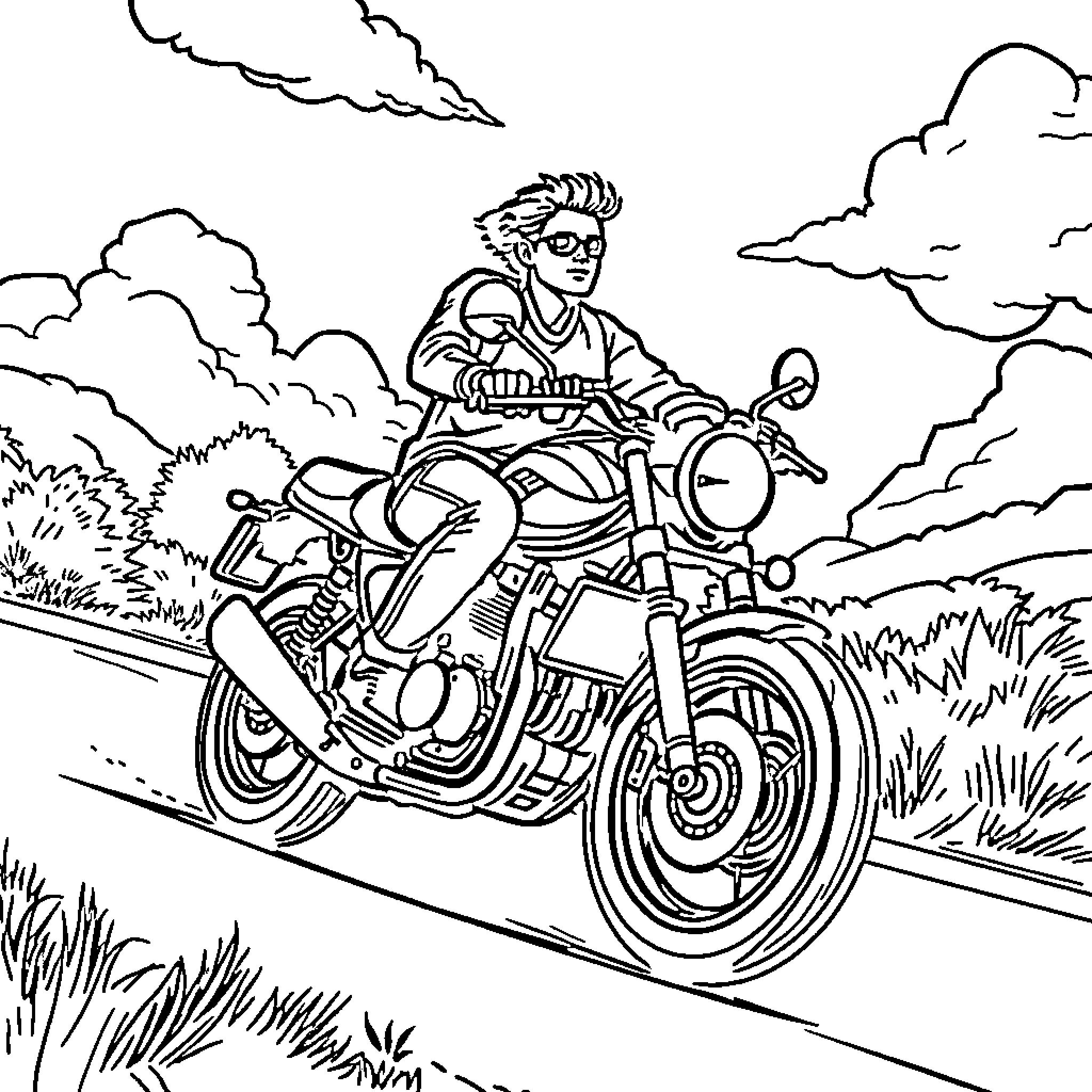 Man riding motorcycle on rural road Coloring Page (free black-and-white line drawing printable PDF for all, from beginners to advanced learners, including children, teens, adults, and seniors)