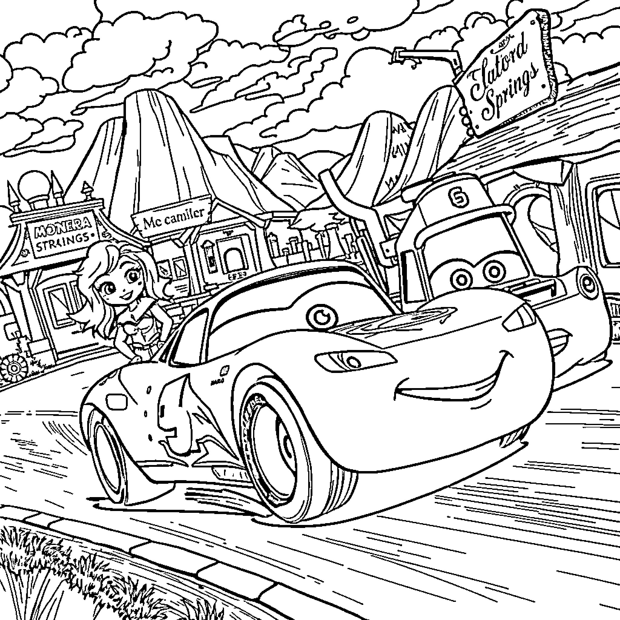 Cars exploring the scenic mountain landscape Coloring Page (free black-and-white line drawing printable PDF for all, from beginners to advanced learners, including children, teens, adults, and seniors)