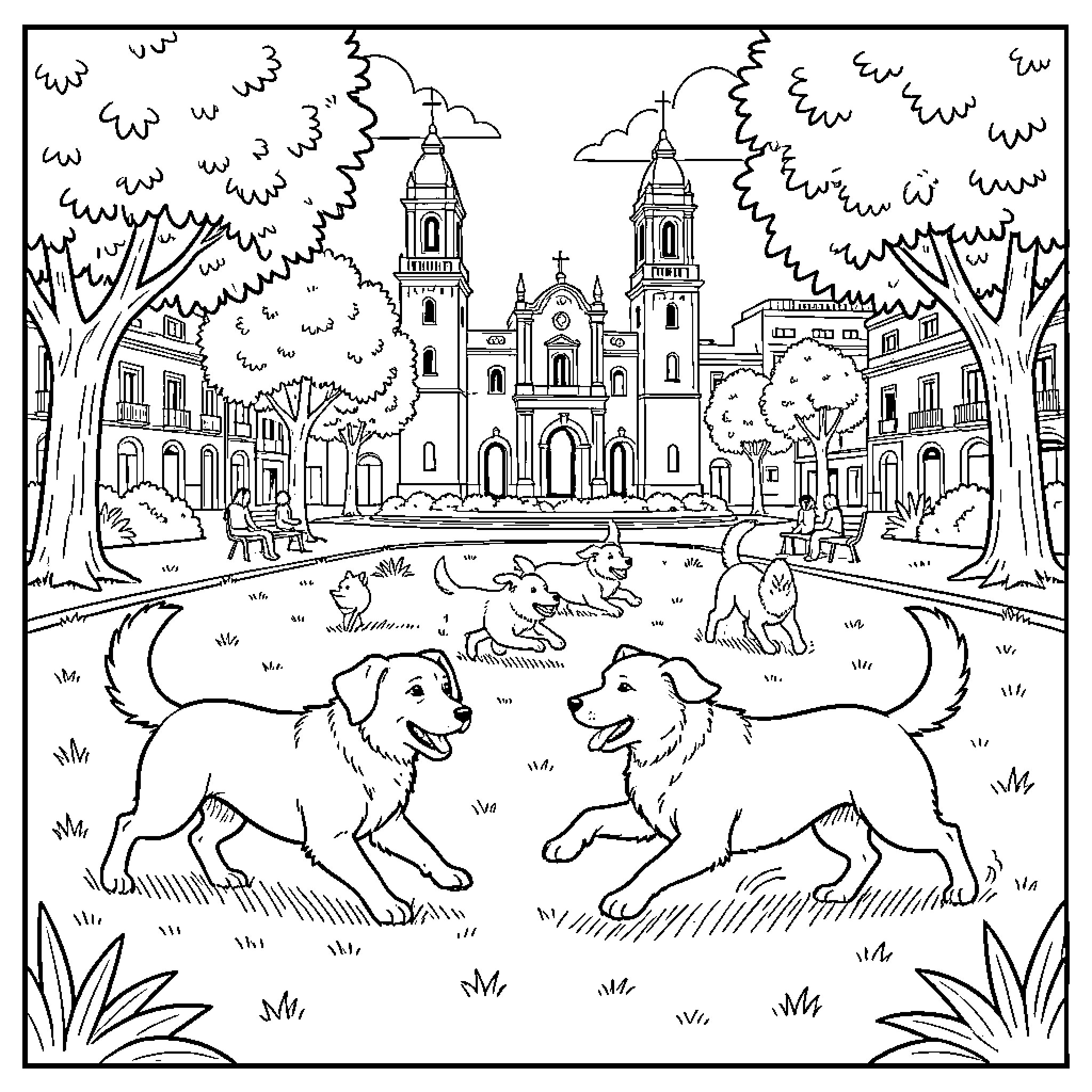 Dog friends playing together in a park setting Coloring Page (free black-and-white line drawing printable PDF for all, from beginners to advanced learners, including children, teens, adults, and seniors)