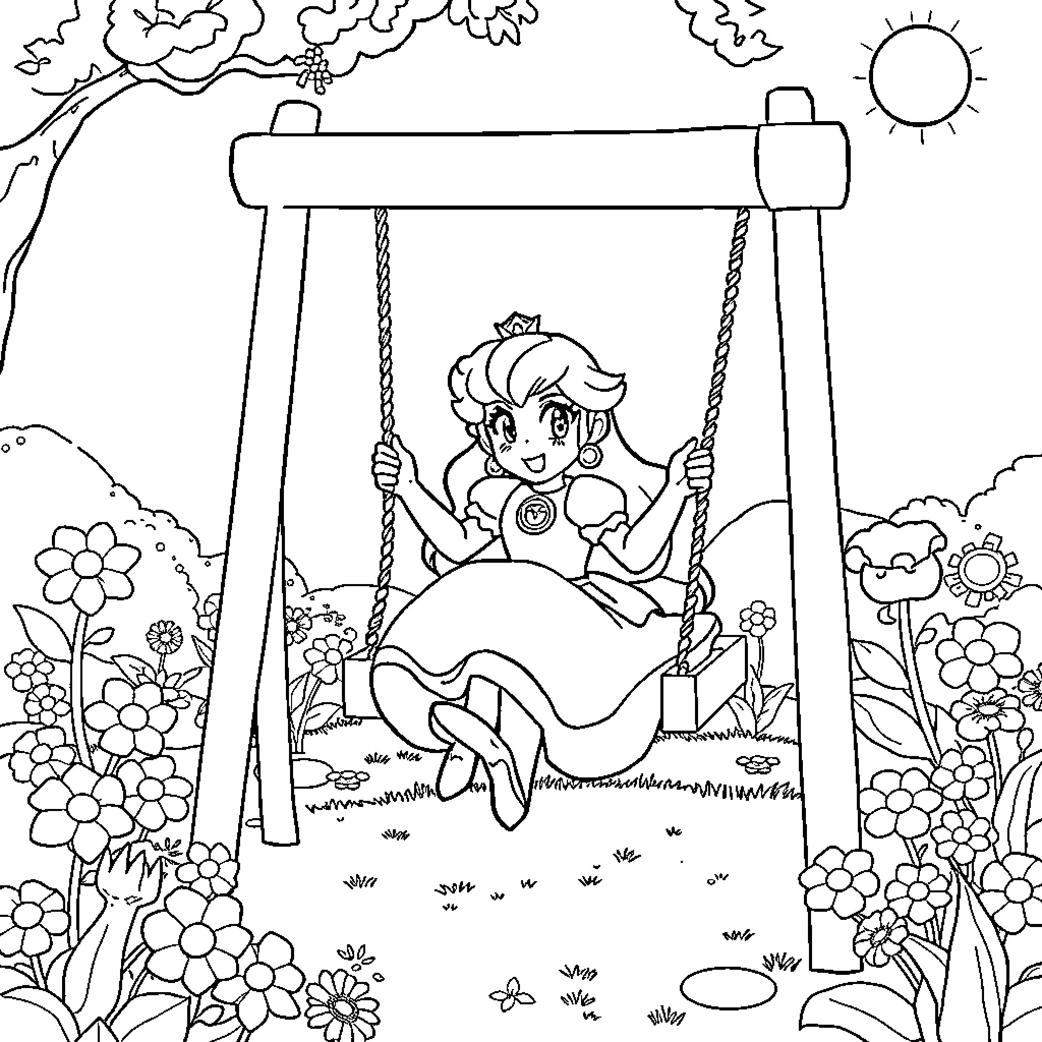 Princess Enjoying Carefree Swing in Floral Garden Coloring Page (free black-and-white line drawing printable PDF for all, from beginners to advanced learners, including children, teens, adults, and seniors)