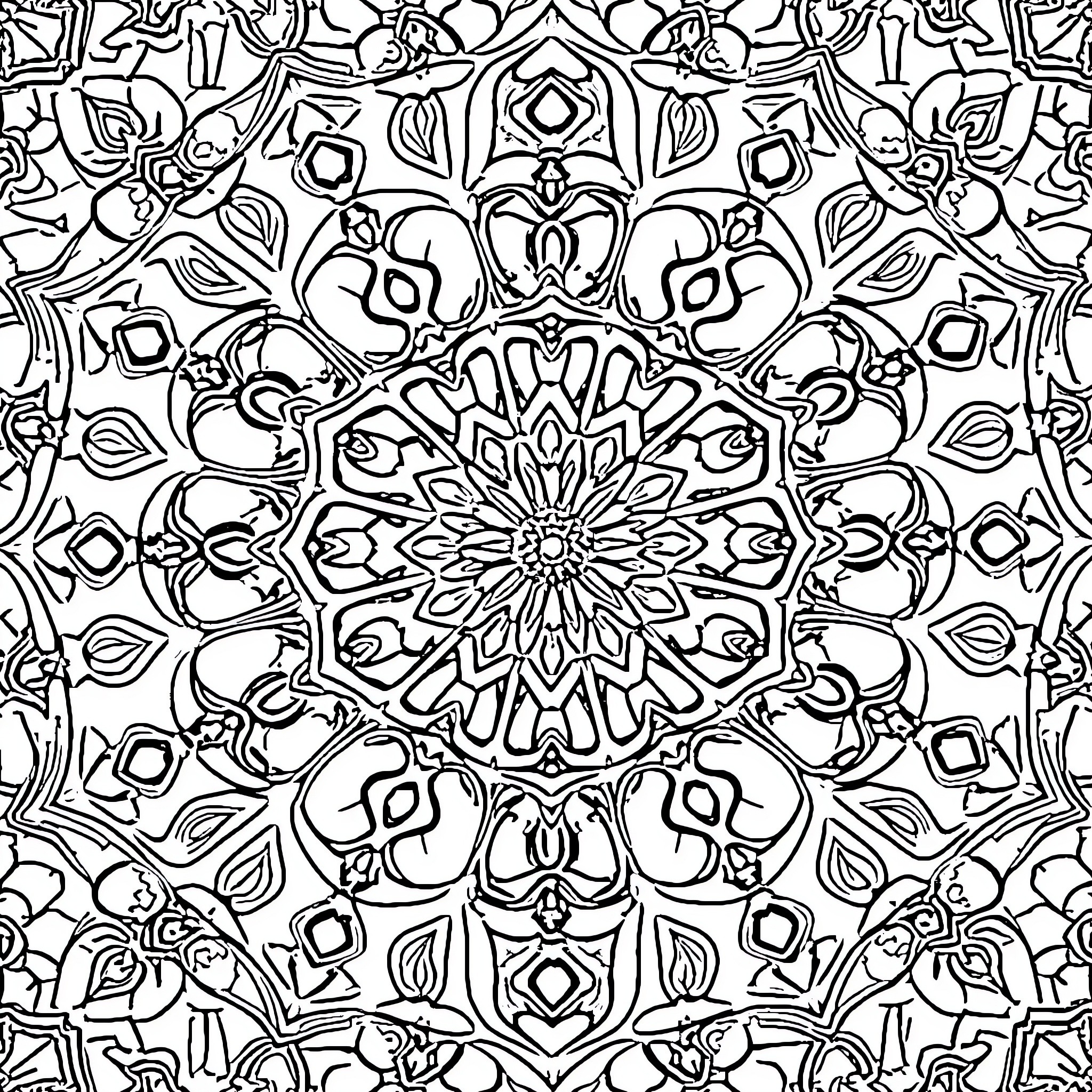 Mandala of intricate black and white floral patterns Coloring Page (free black-and-white line drawing printable PDF for all, from beginners to advanced learners, including children, teens, adults, and seniors)