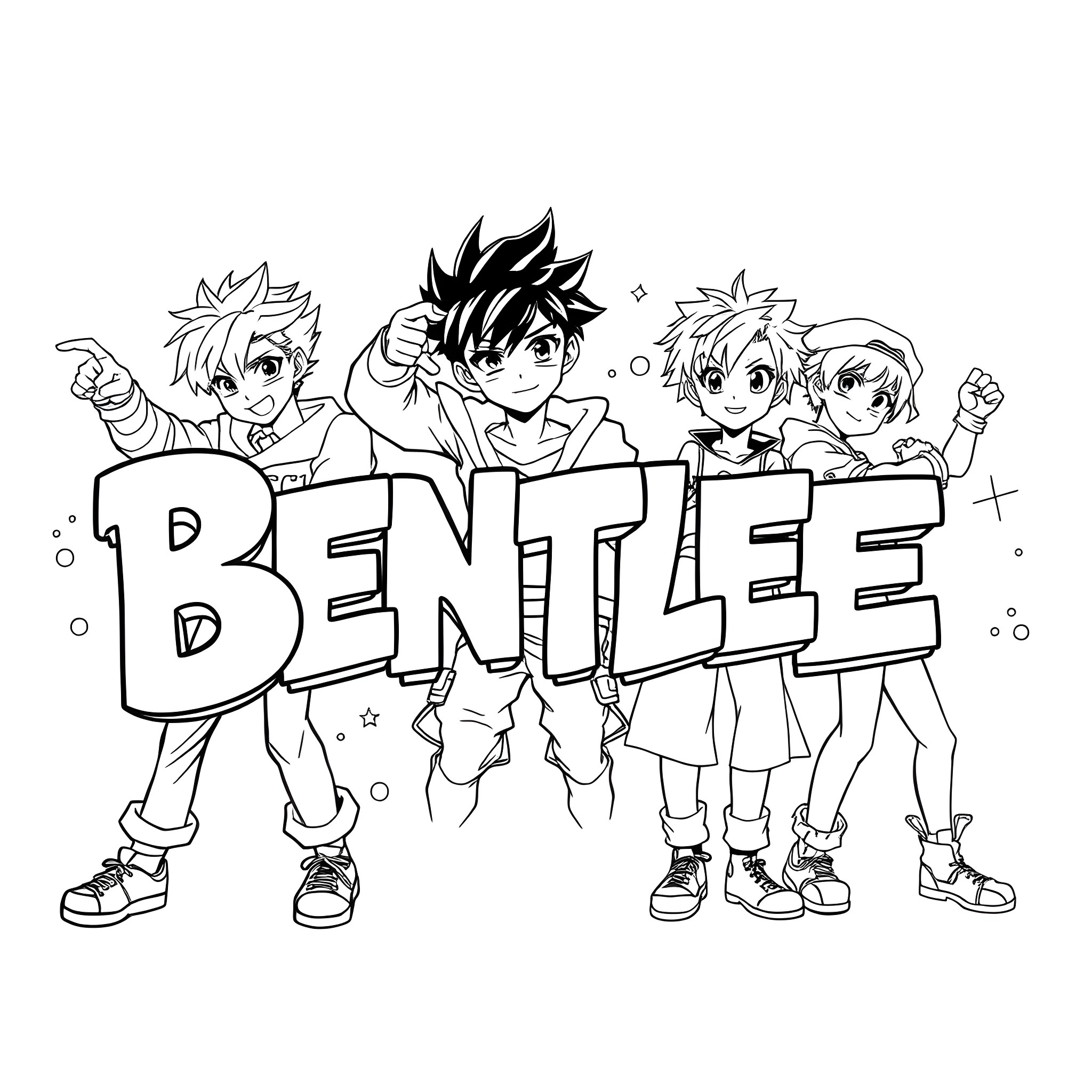 Bentlee and his lively group of friends Coloring Page (free black-and-white line drawing printable PDF for all, from beginners to advanced learners, including children, teens, adults, and seniors)