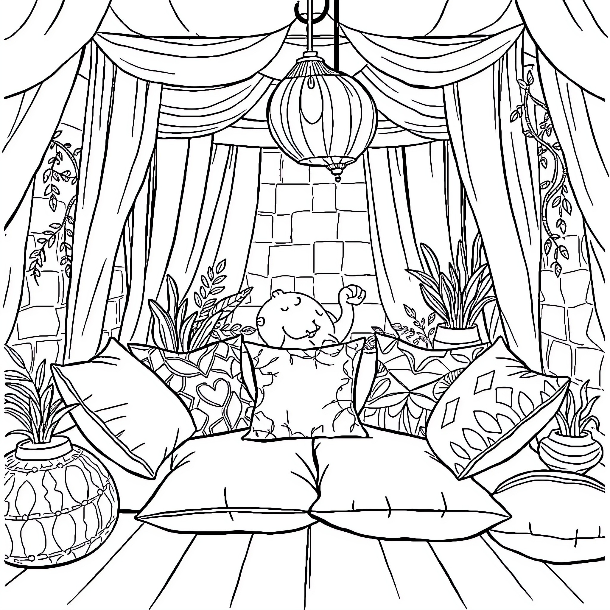 Environment of cozy indoor space with decorative elements Coloring Page (free black-and-white line drawing printable PDF for all, from beginners to advanced learners, including children, teens, adults, and seniors)