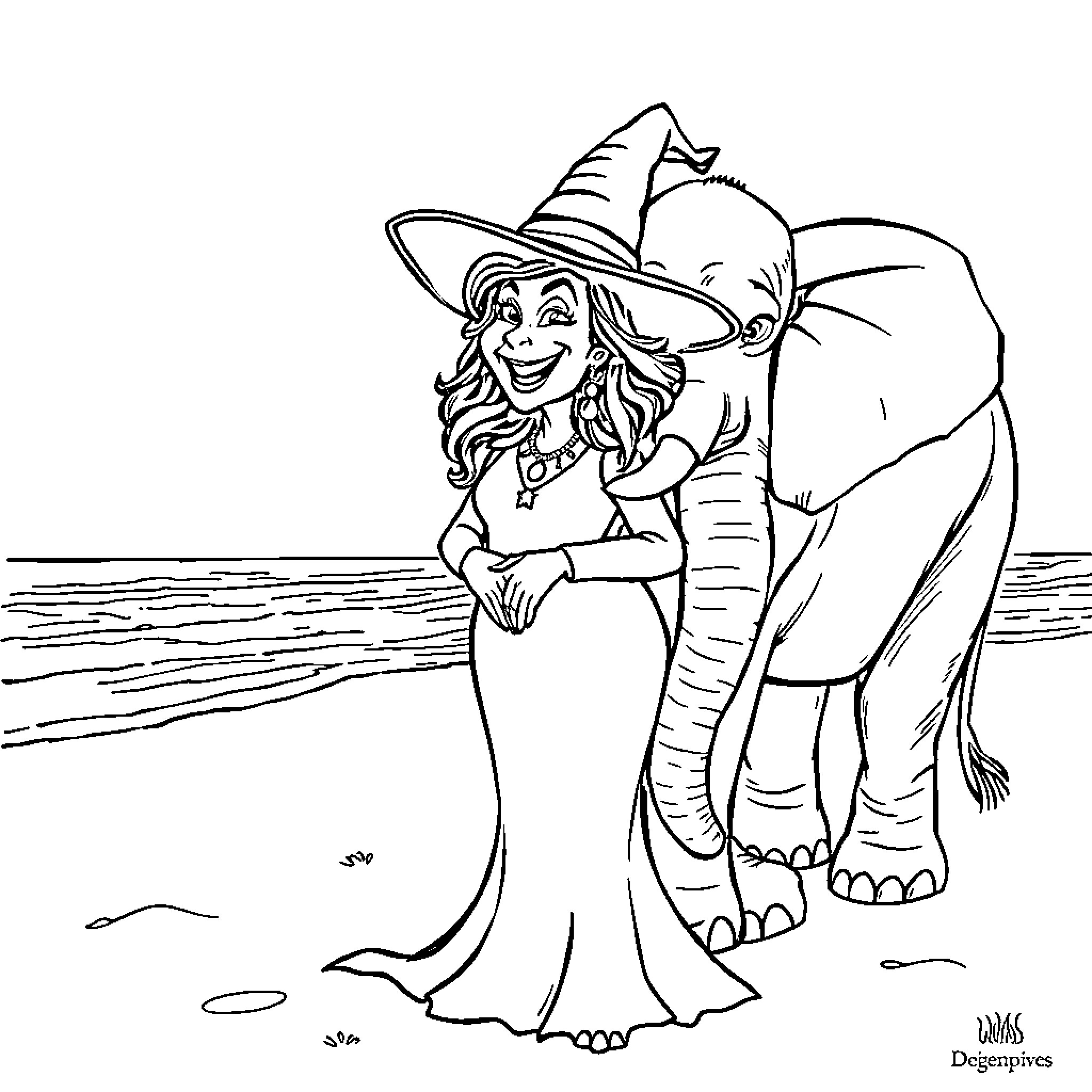 Elephaba's Magical Encounter with a Friendly Elephant Coloring Page (free black-and-white line drawing printable PDF for all, from beginners to advanced learners, including children, teens, adults, and seniors)