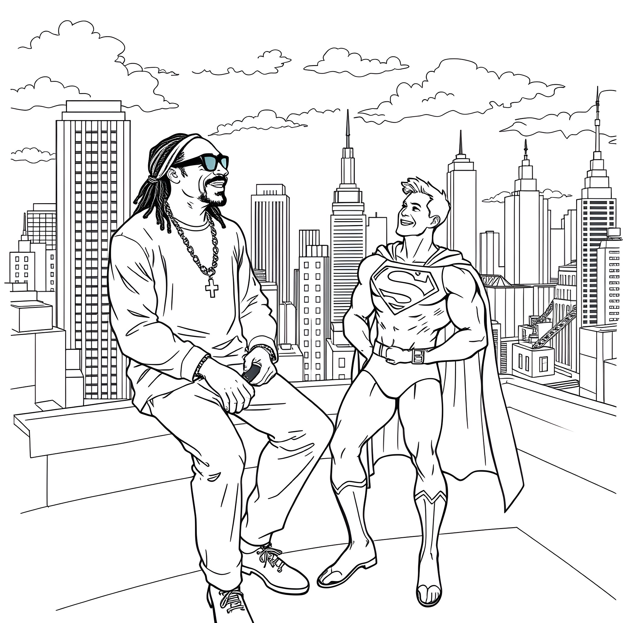 Snoop Dogg meets Superman in the big city Coloring Page (free black-and-white line drawing printable PDF for all, from beginners to advanced learners, including children, teens, adults, and seniors)