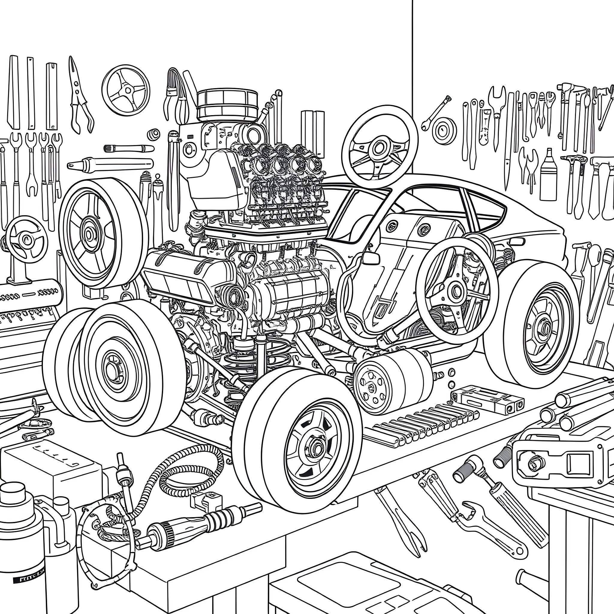 Car Part Exploded Mechanic Diagram with Tools Coloring Page (free black-and-white line drawing printable PDF for all, from beginners to advanced learners, including children, teens, adults, and seniors)