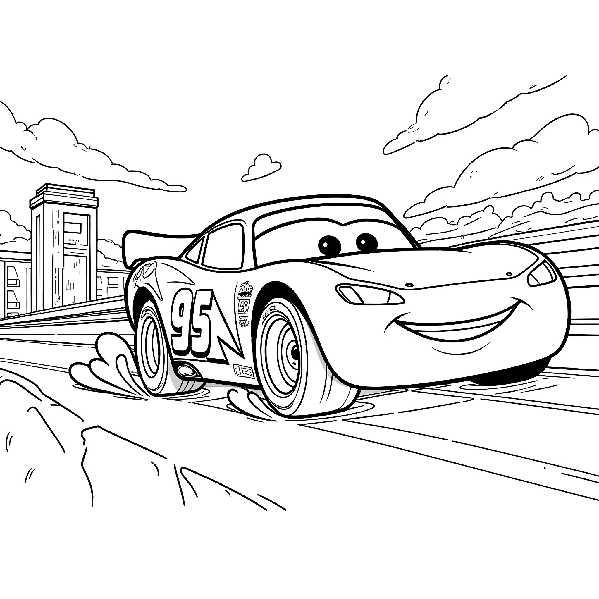 Lightning McQueen racing on the track Coloring Page (free black-and-white line drawing printable PDF for all, from beginners to advanced learners, including children, teens, adults, and seniors)