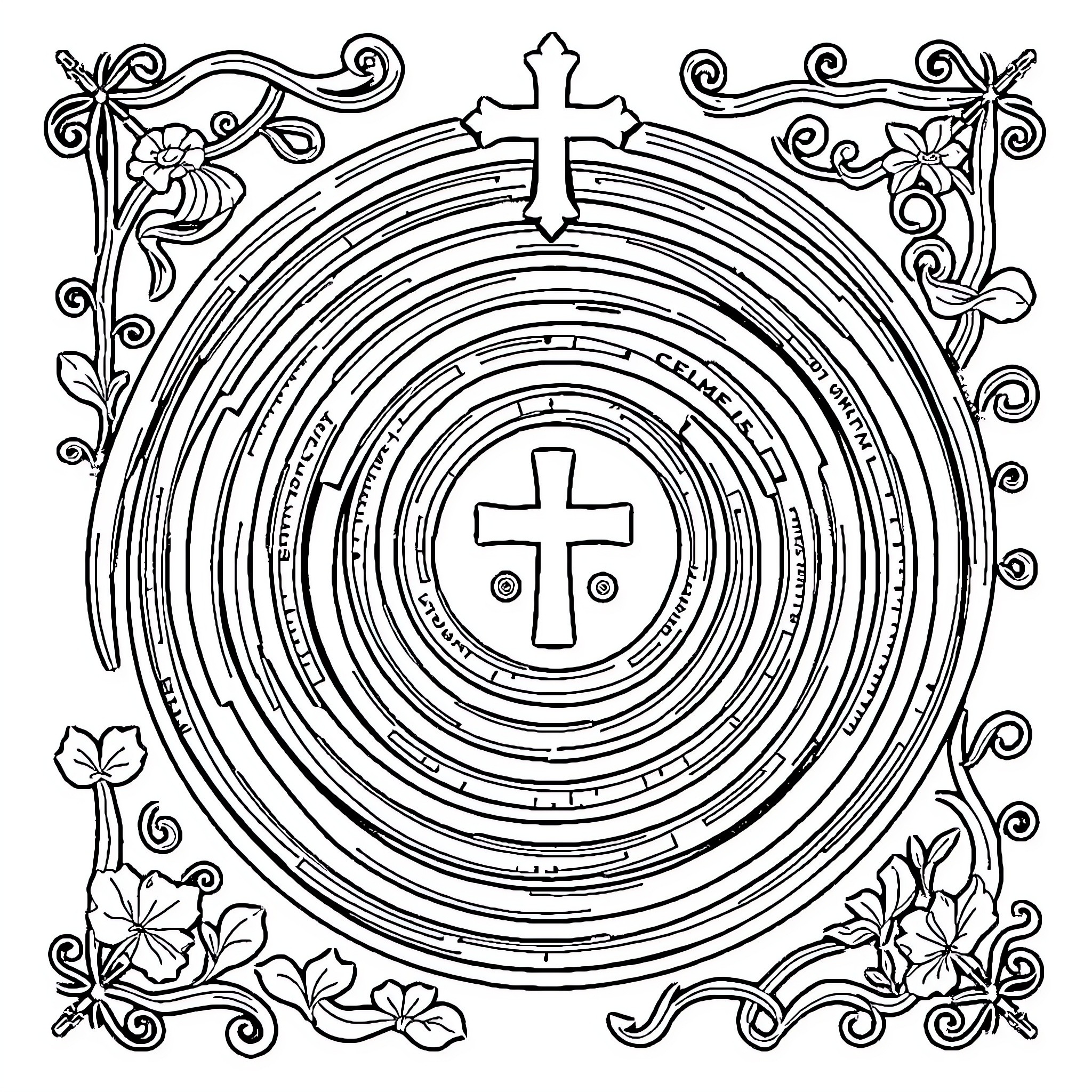 Christian Concentric Crosses with Floral Elements Coloring Page (free black-and-white line drawing printable PDF for all, from beginners to advanced learners, including children, teens, adults, and seniors)