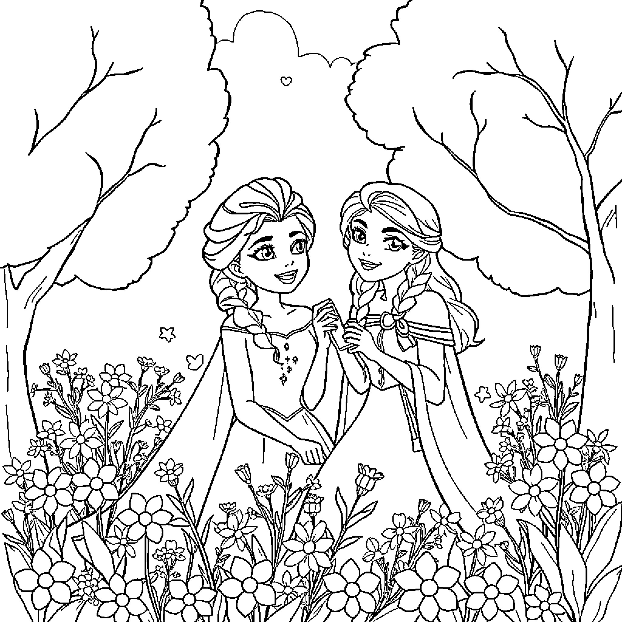 Elsa and Anna exploring the enchanted forest Coloring Page (free black-and-white line drawing printable PDF for all, from beginners to advanced learners, including children, teens, adults, and seniors)