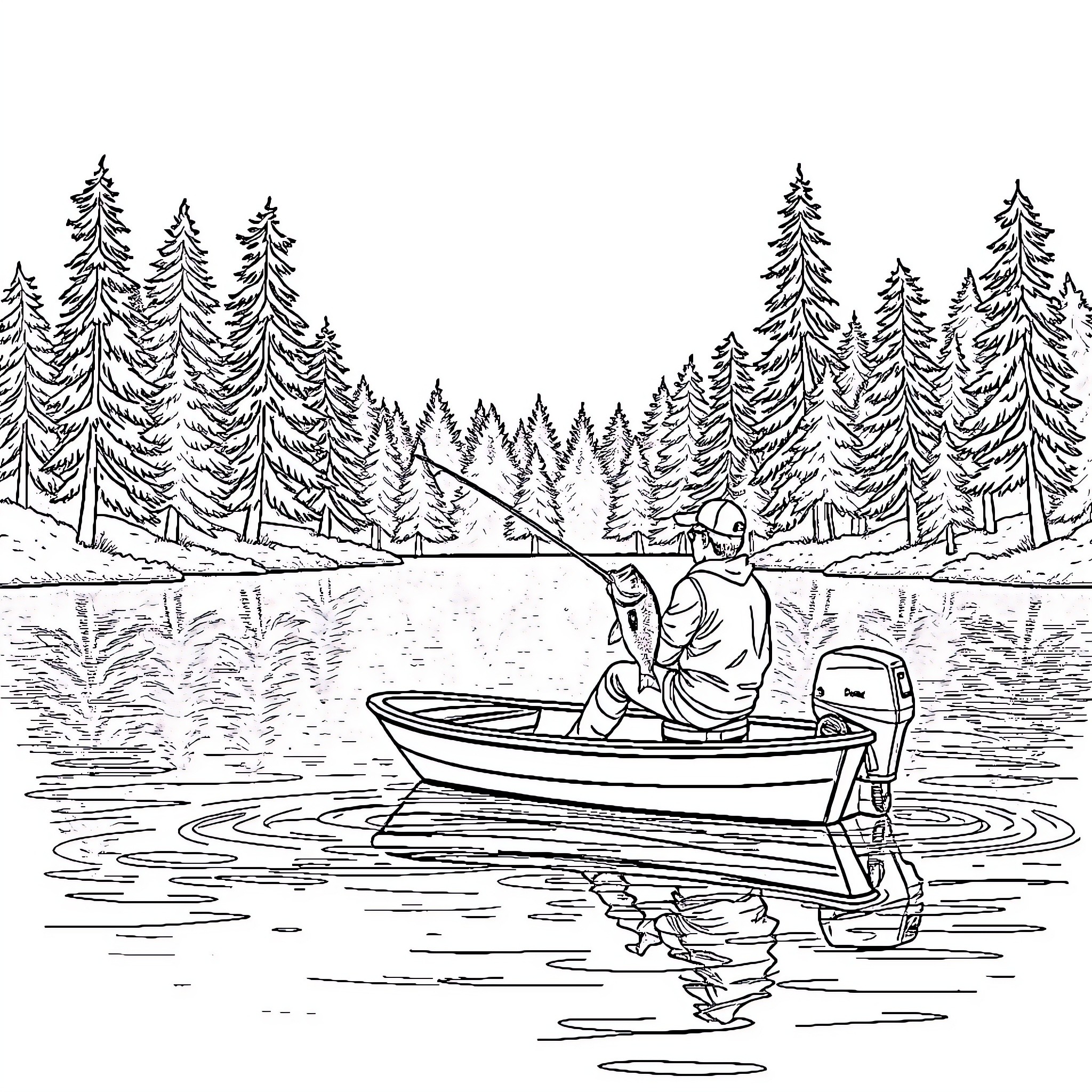 Fisherman casting his line on a tranquil lake Coloring Page (free black-and-white line drawing printable PDF for all, from beginners to advanced learners, including children, teens, adults, and seniors)