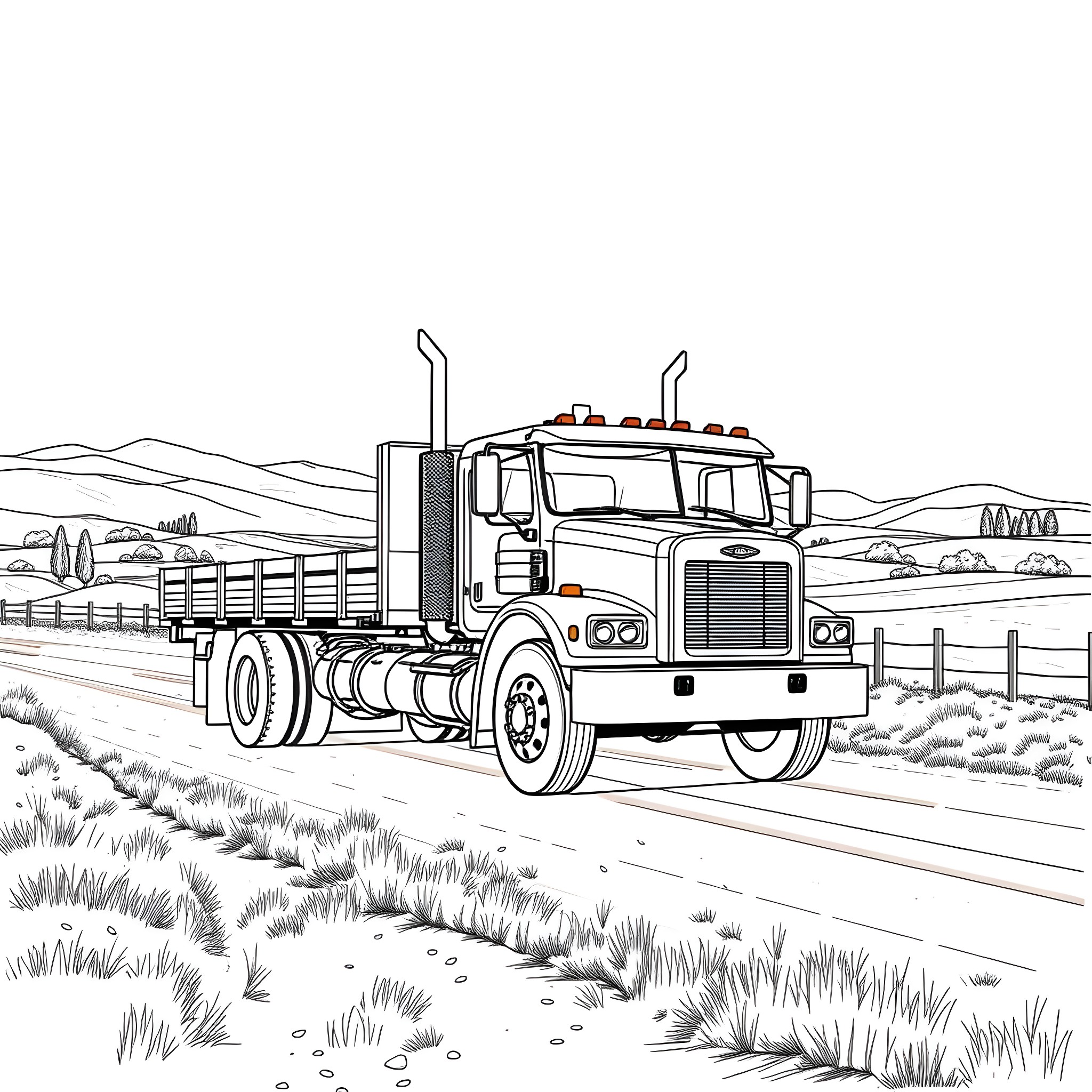 Flatbed truck transporting cargo on rural road Coloring Page (free black-and-white line drawing printable PDF for all, from beginners to advanced learners, including children, teens, adults, and seniors)