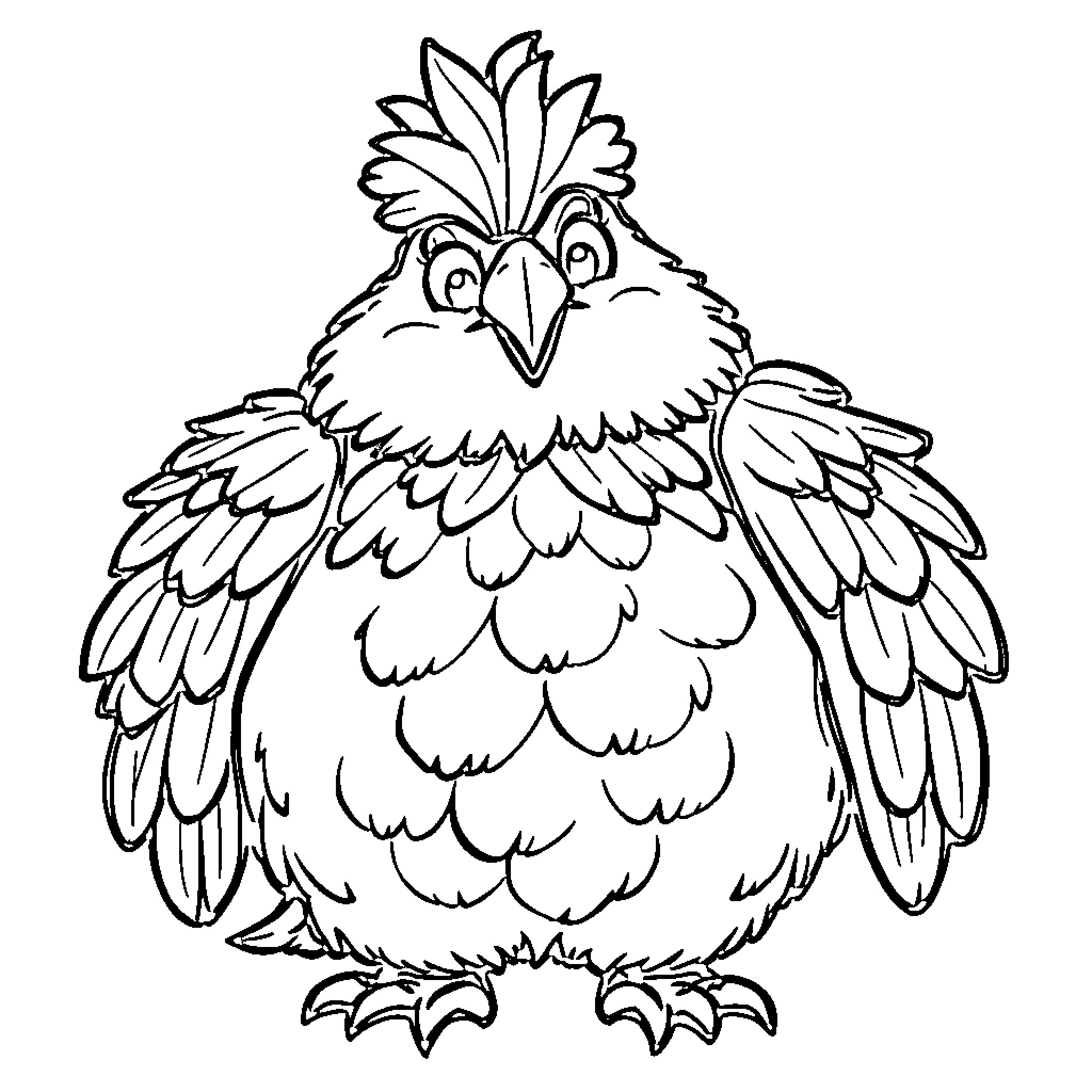 Zoot bird with silly expression and feathery details Coloring Page (free black-and-white line drawing printable PDF for all, from beginners to advanced learners, including children, teens, adults, and seniors)