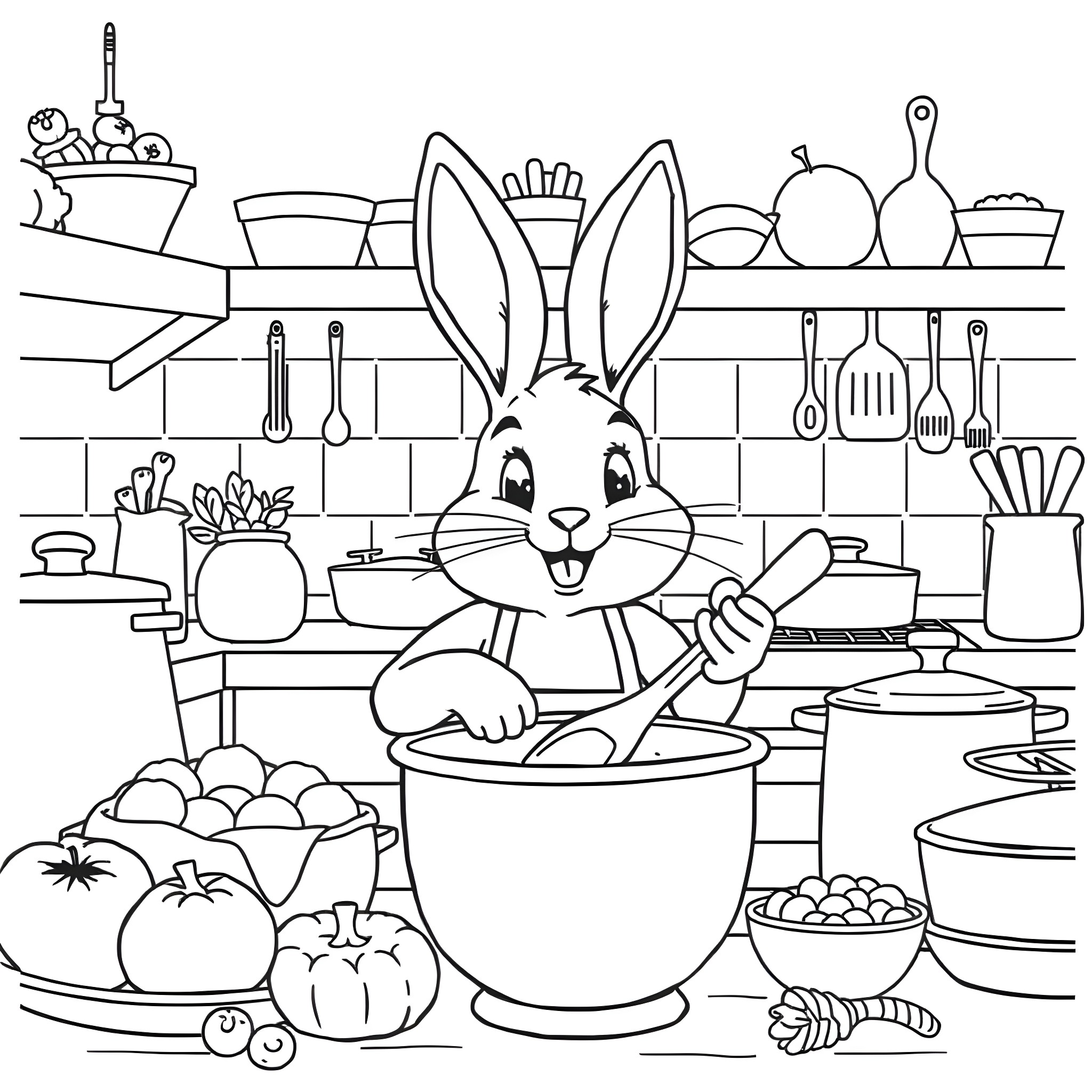 Bunny cooking in a kitchen with kitchen utensils Coloring Page (free black-and-white line drawing printable PDF for all, from beginners to advanced learners, including children, teens, adults, and seniors)