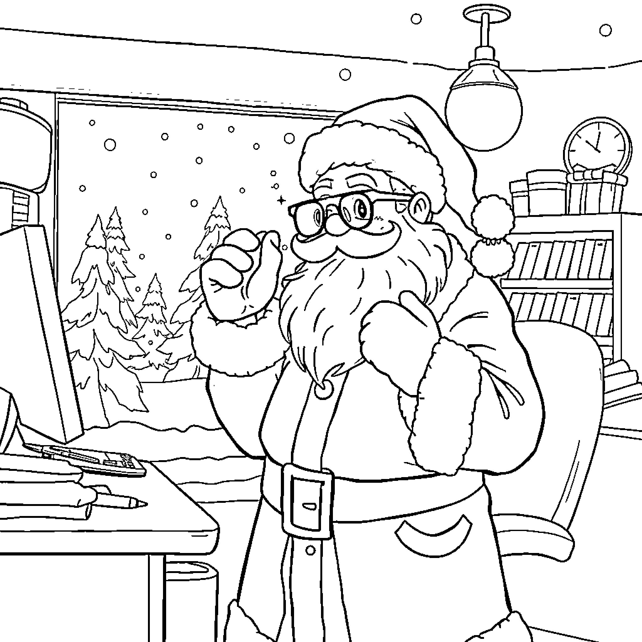 Santa working diligently in his workshop Coloring Page (free black-and-white line drawing printable PDF for all, from beginners to advanced learners, including children, teens, adults, and seniors)