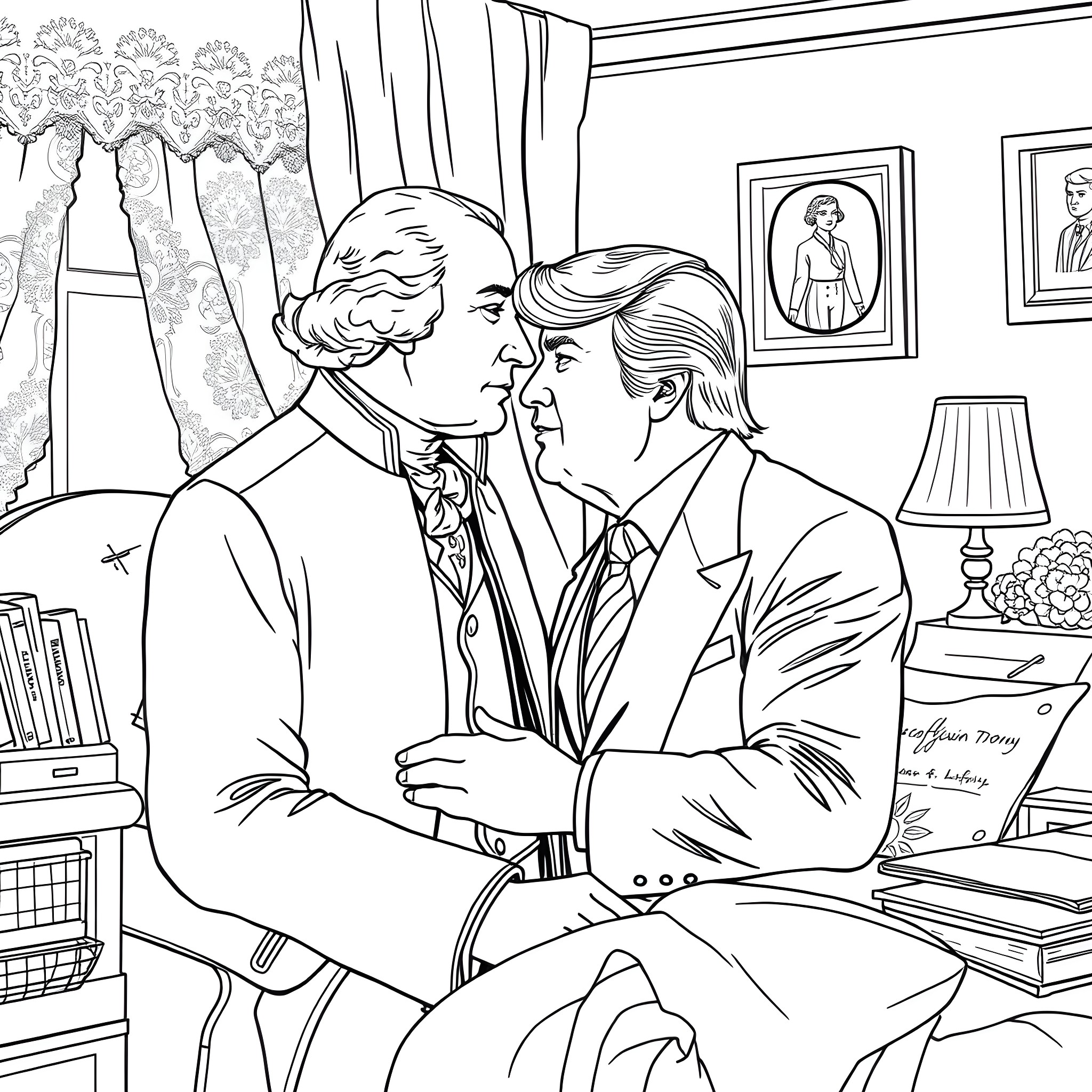 George Washington and His Close Friend in Formal Attire Coloring Page (free black-and-white line drawing printable PDF for all, from beginners to advanced learners, including children, teens, adults, and seniors)