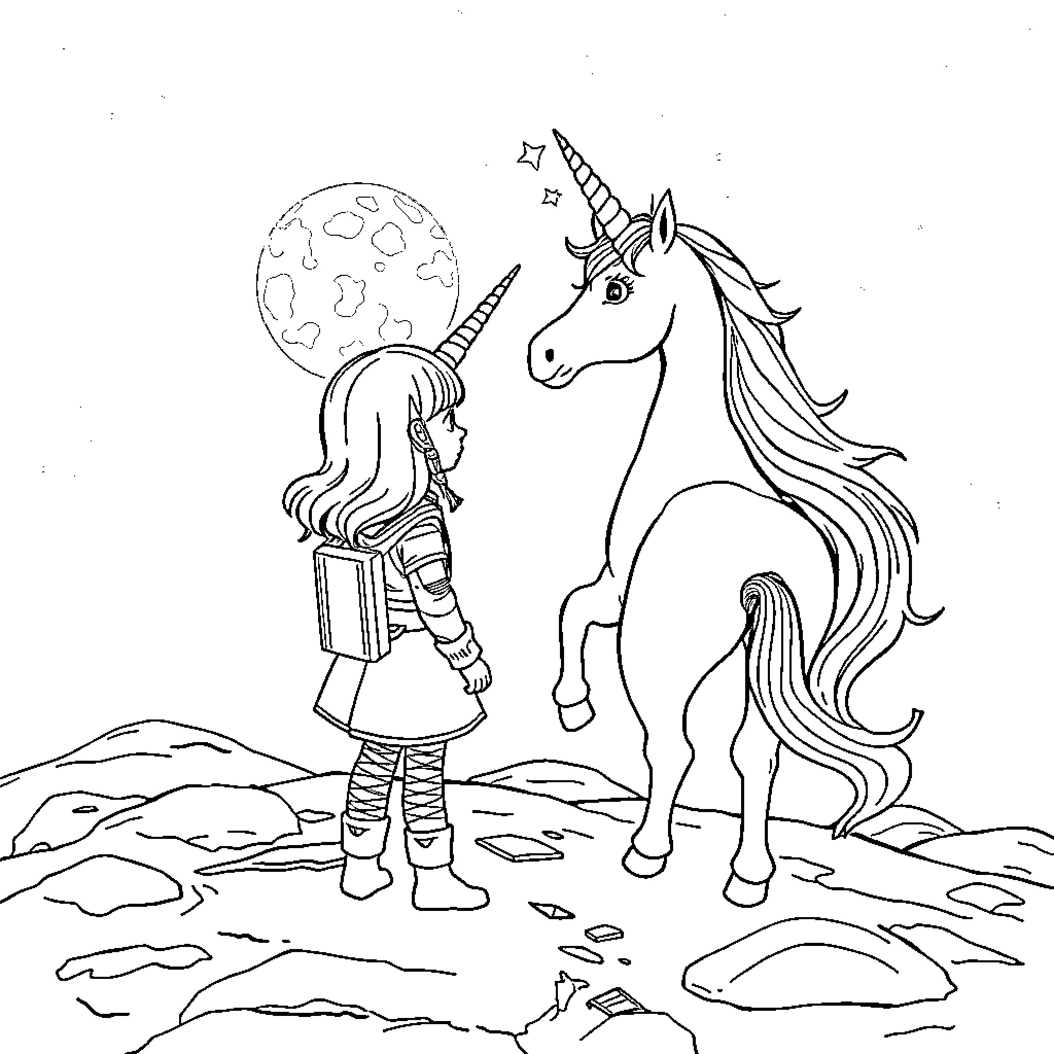Space Girl and Her Unicorn Companion Coloring Page (free black-and-white line drawing printable PDF for all, from beginners to advanced learners, including children, teens, adults, and seniors)