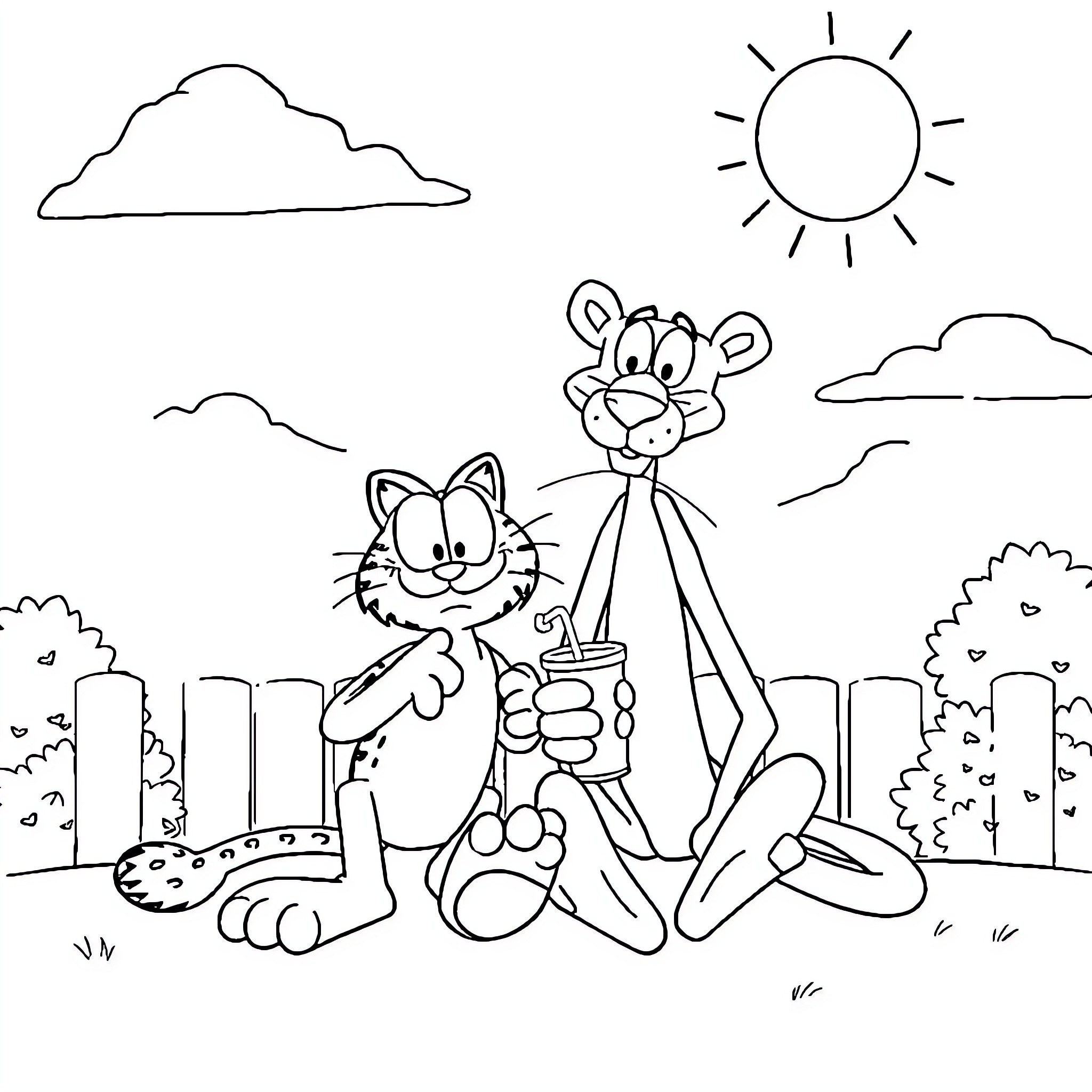 Garfield and Odie in the City Park Coloring Page (free black-and-white line drawing printable PDF for all, from beginners to advanced learners, including children, teens, adults, and seniors)