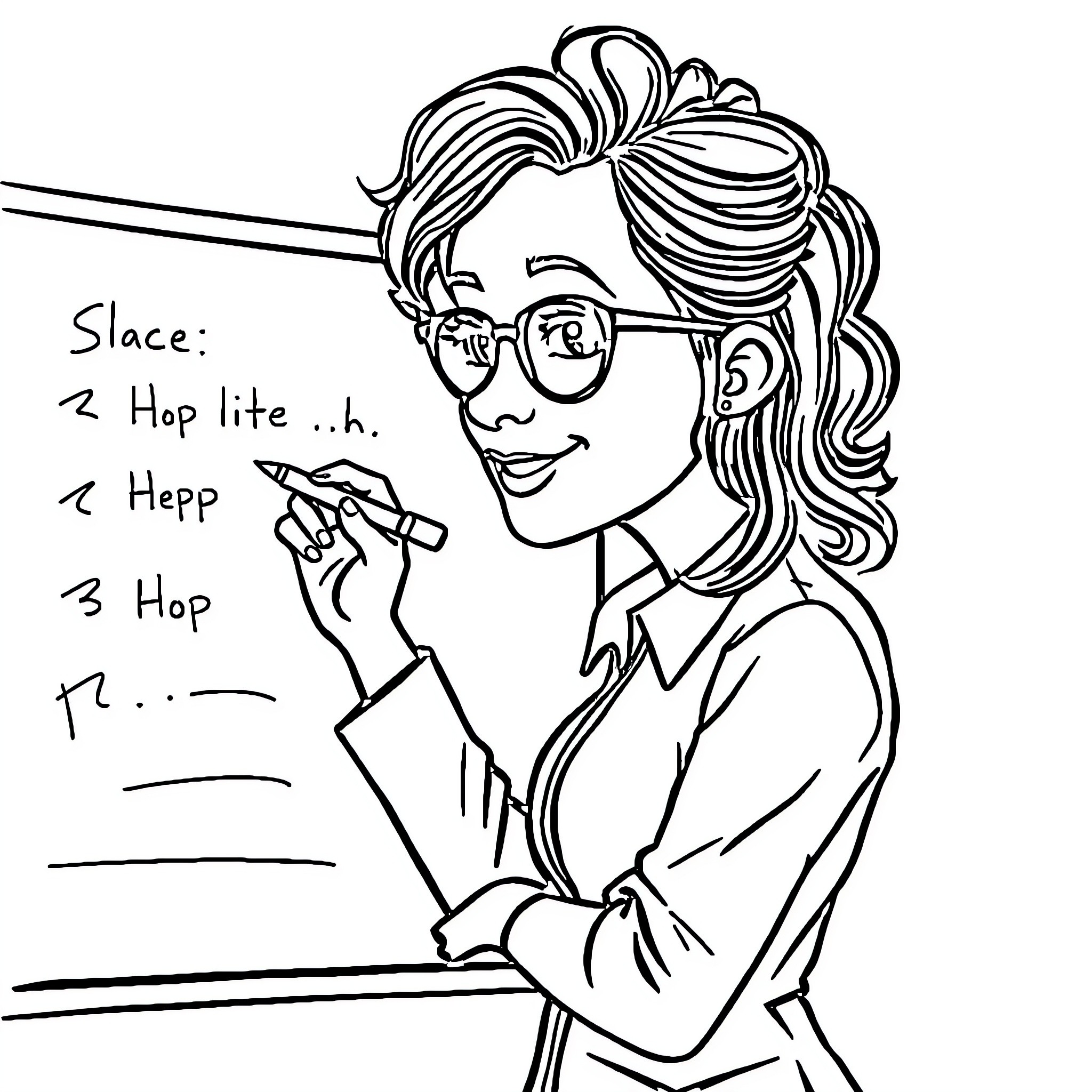 Teacher writing instructions on the board Coloring Page (free black-and-white line drawing printable PDF for all, from beginners to advanced learners, including children, teens, adults, and seniors)