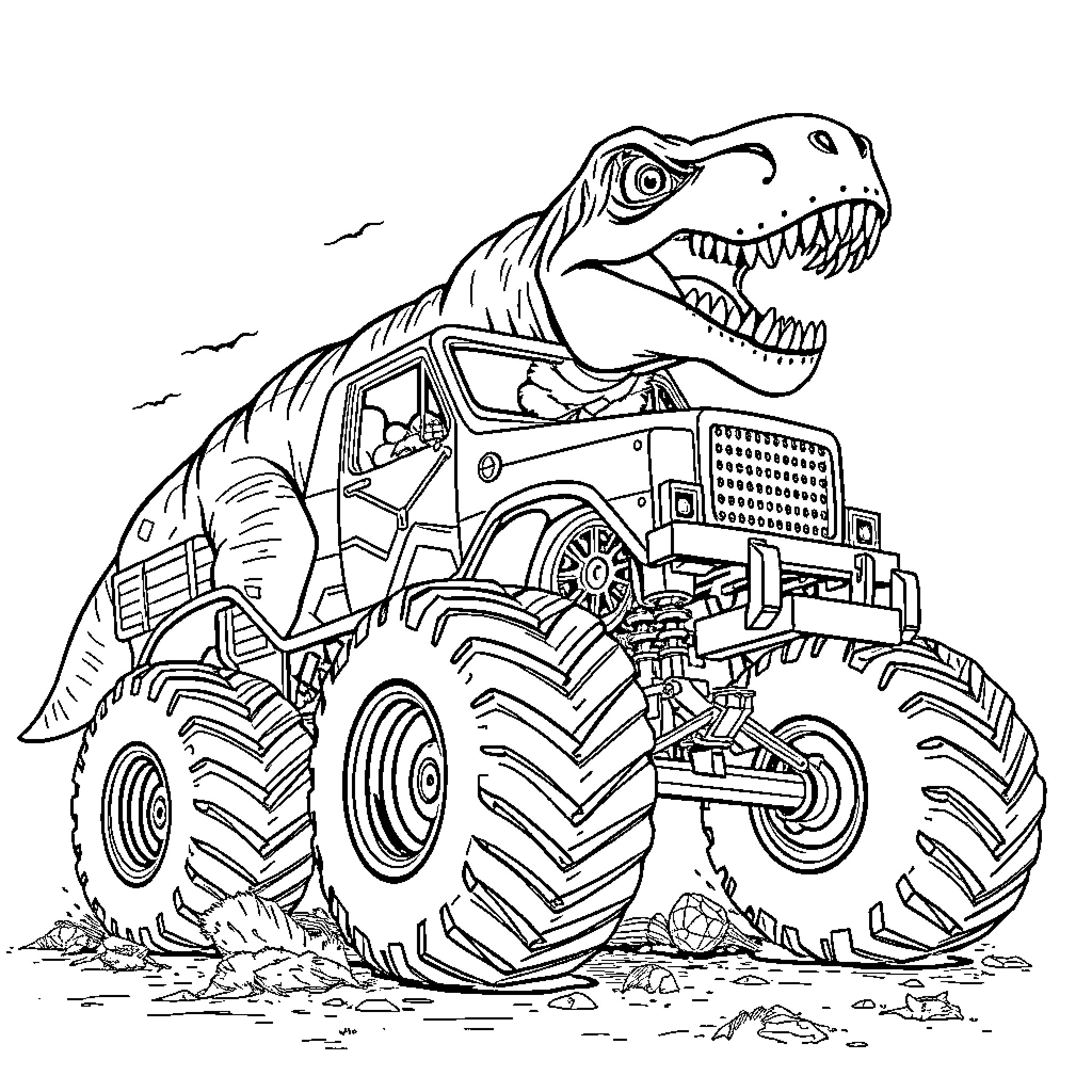 T-Rex driving monster truck through the wilderness Coloring Page (free black-and-white line drawing printable PDF for all, from beginners to advanced learners, including children, teens, adults, and seniors)