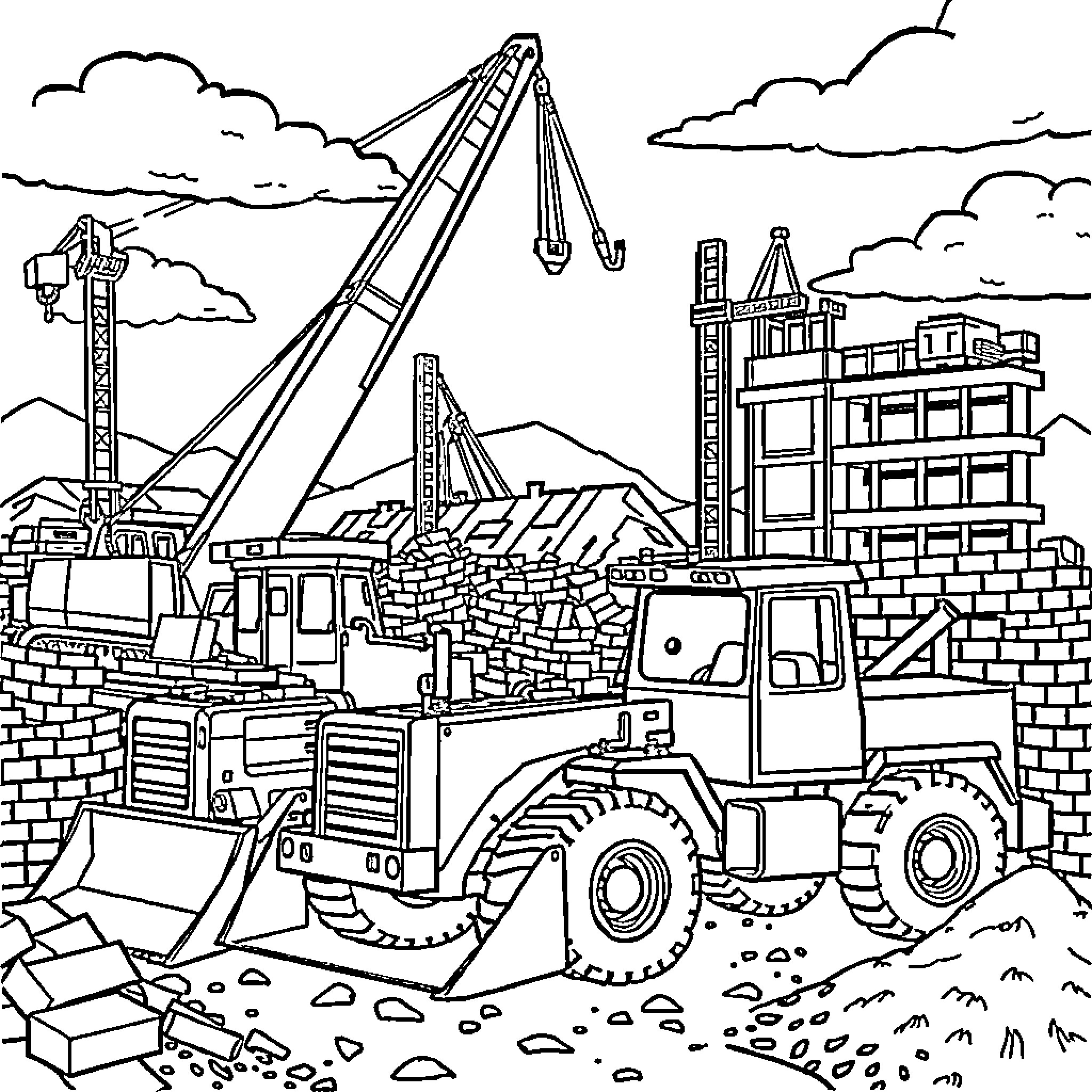 Construction Vehicle Lifting Heavy Materials on Construction Site Coloring Page (free black-and-white line drawing printable PDF for all, from beginners to advanced learners, including children, teens, adults, and seniors)