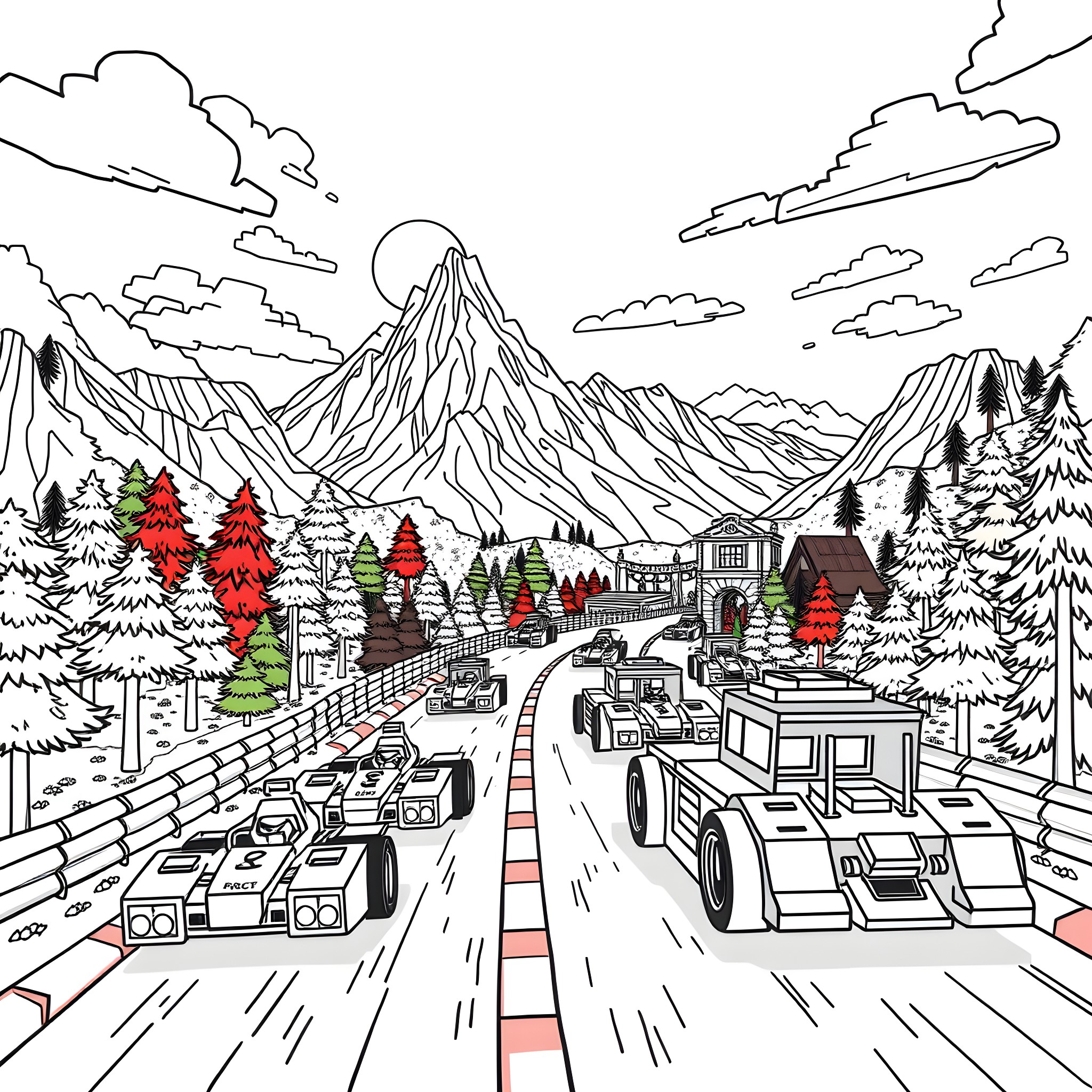 Hot Wheels Vehicles Speeding Through Winter Wonderland Coloring Page (free black-and-white line drawing printable PDF for all, from beginners to advanced learners, including children, teens, adults, and seniors)
