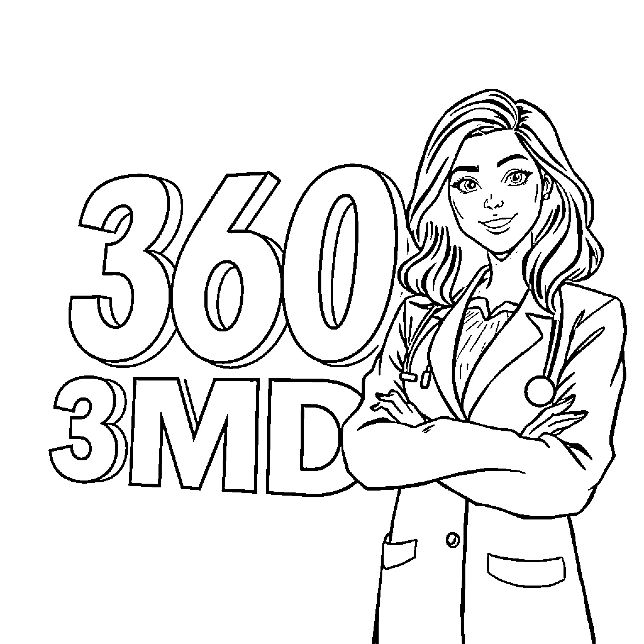 Doctor Showing 360 Degrees Medical Degree Coloring Page (free black-and-white line drawing printable PDF for all, from beginners to advanced learners, including children, teens, adults, and seniors)